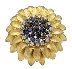 Brushed 18 Karat Yellow Gold Sunflower Brooch with Blue Sapphires and Diamonds