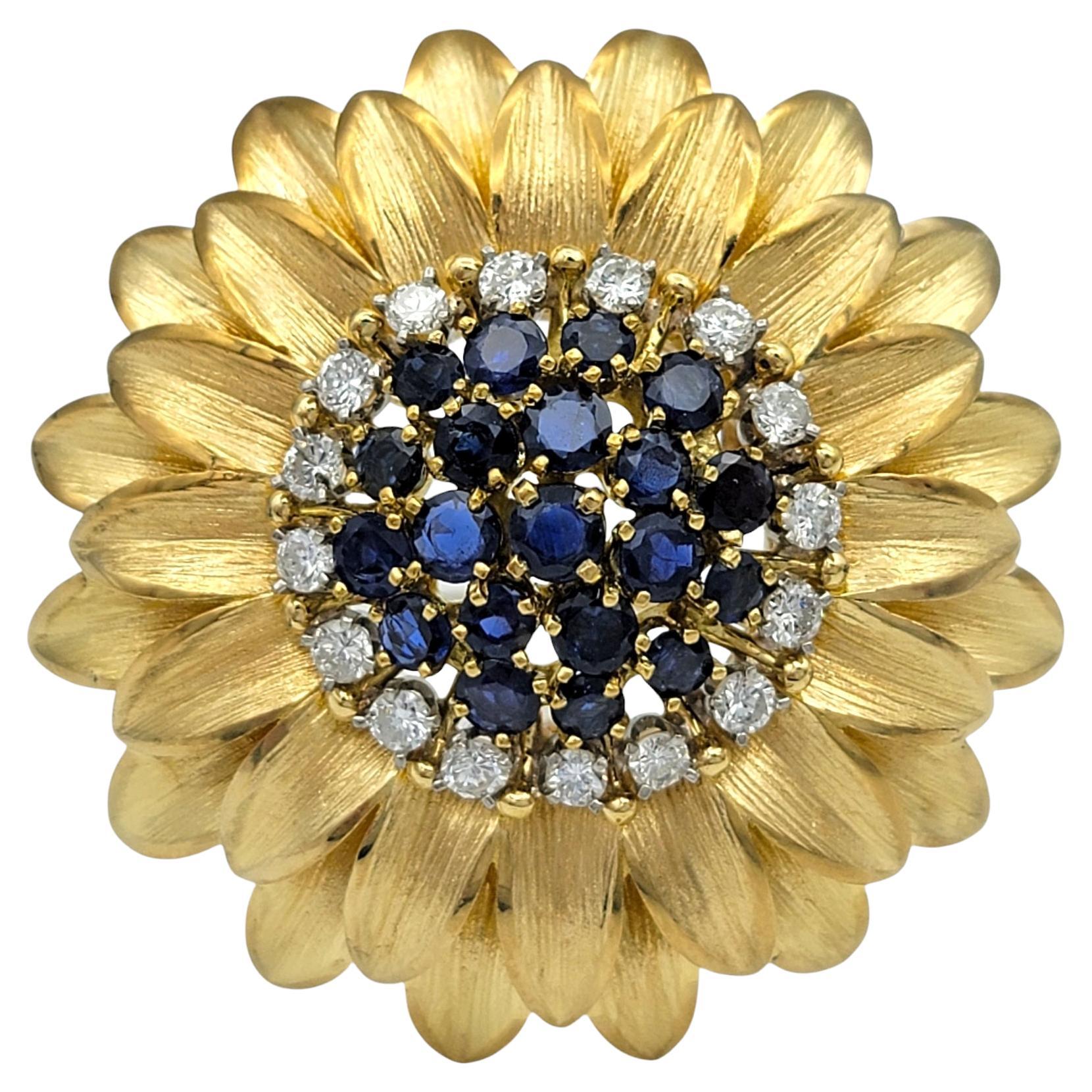 Brushed 18 Karat Yellow Gold Sunflower Brooch with Blue Sapphires and Diamonds