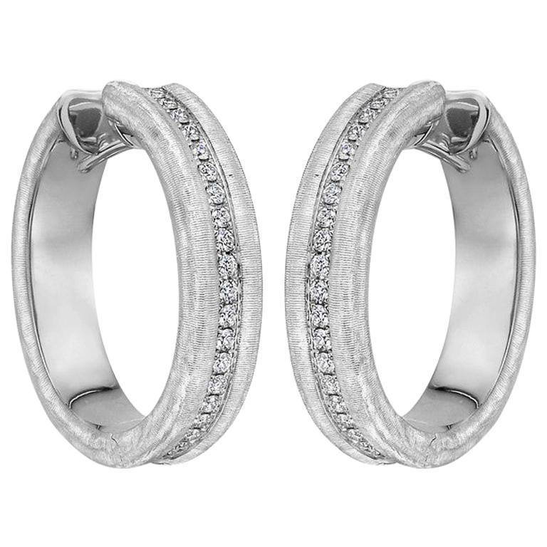 Brushed 18 Karat White Gold and Diamond Hoop Earrings For Sale