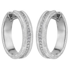 Brushed 18 Karat White Gold and Diamond Hoop Earrings