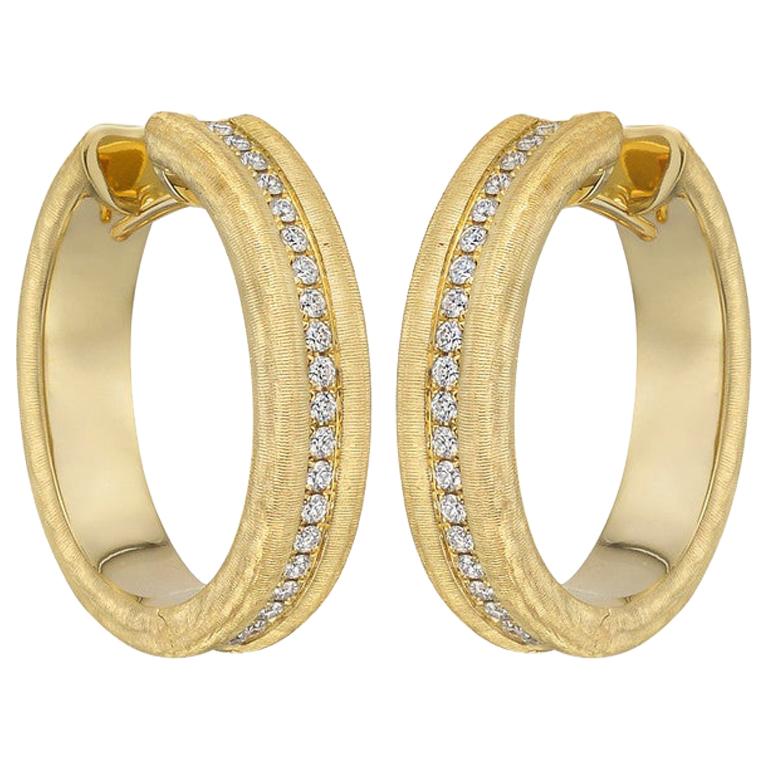 Brushed 18 Karat Yellow Gold and Diamond Hoop Earrings For Sale