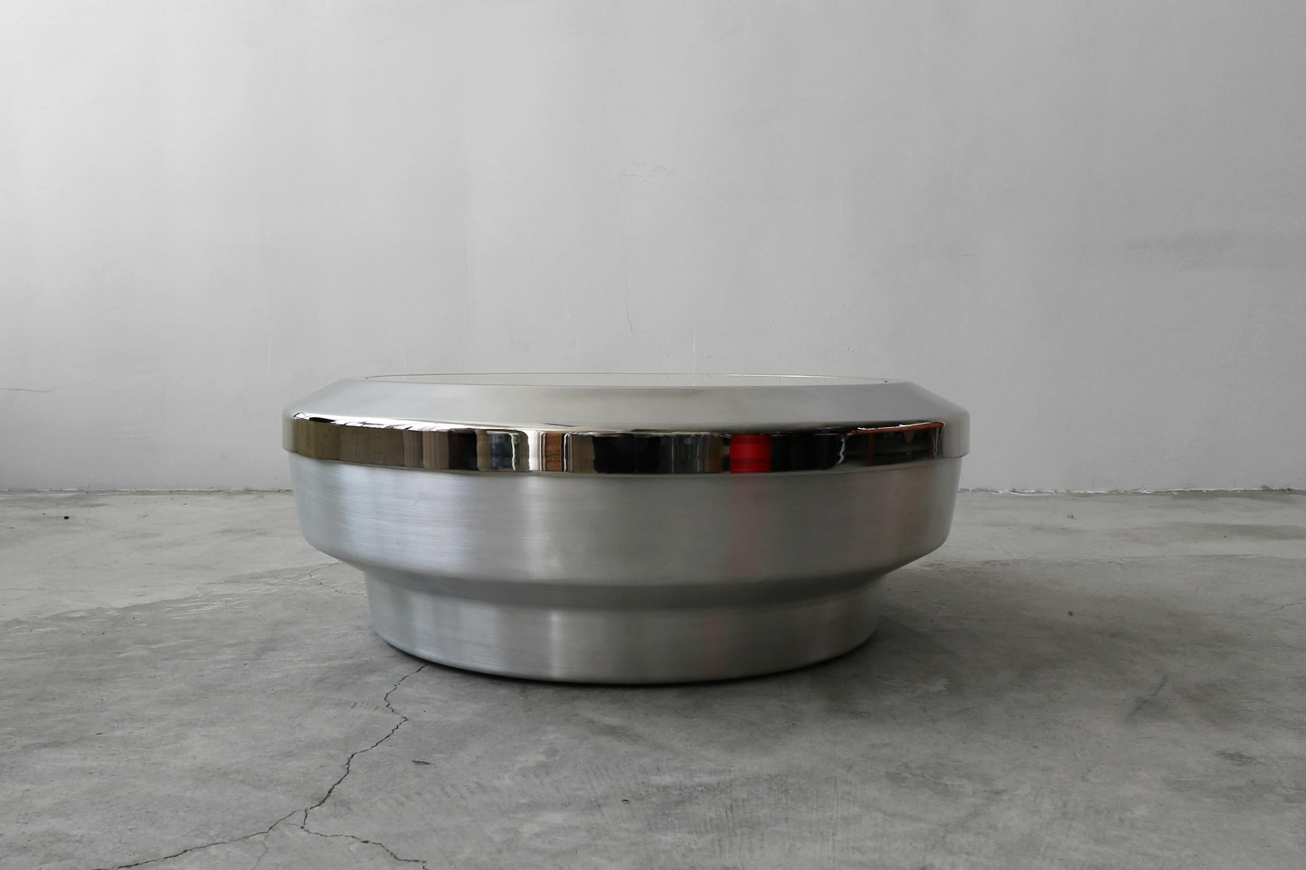 Brushed Aluminum and Chrome Drum Coffee Table by Gary Neville - 2 AVAILABLE In Good Condition For Sale In Las Vegas, NV