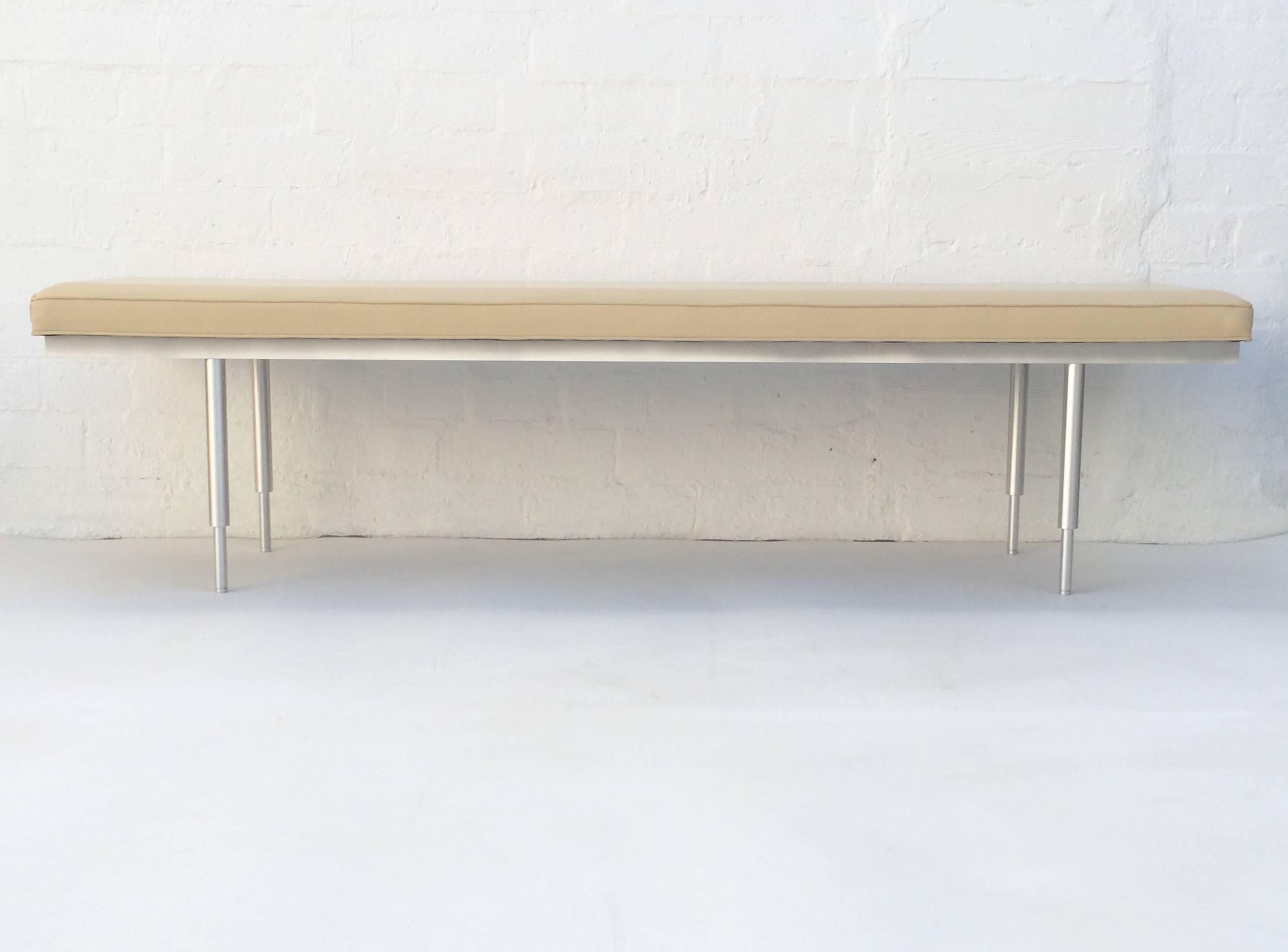 American Brushed Aluminum and Leather Bench For Sale