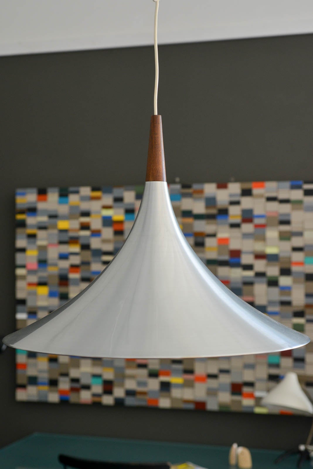 Mid-Century Modern Brushed Aluminum and Rosewood Fluted Pendant Light, ca. 1970 For Sale