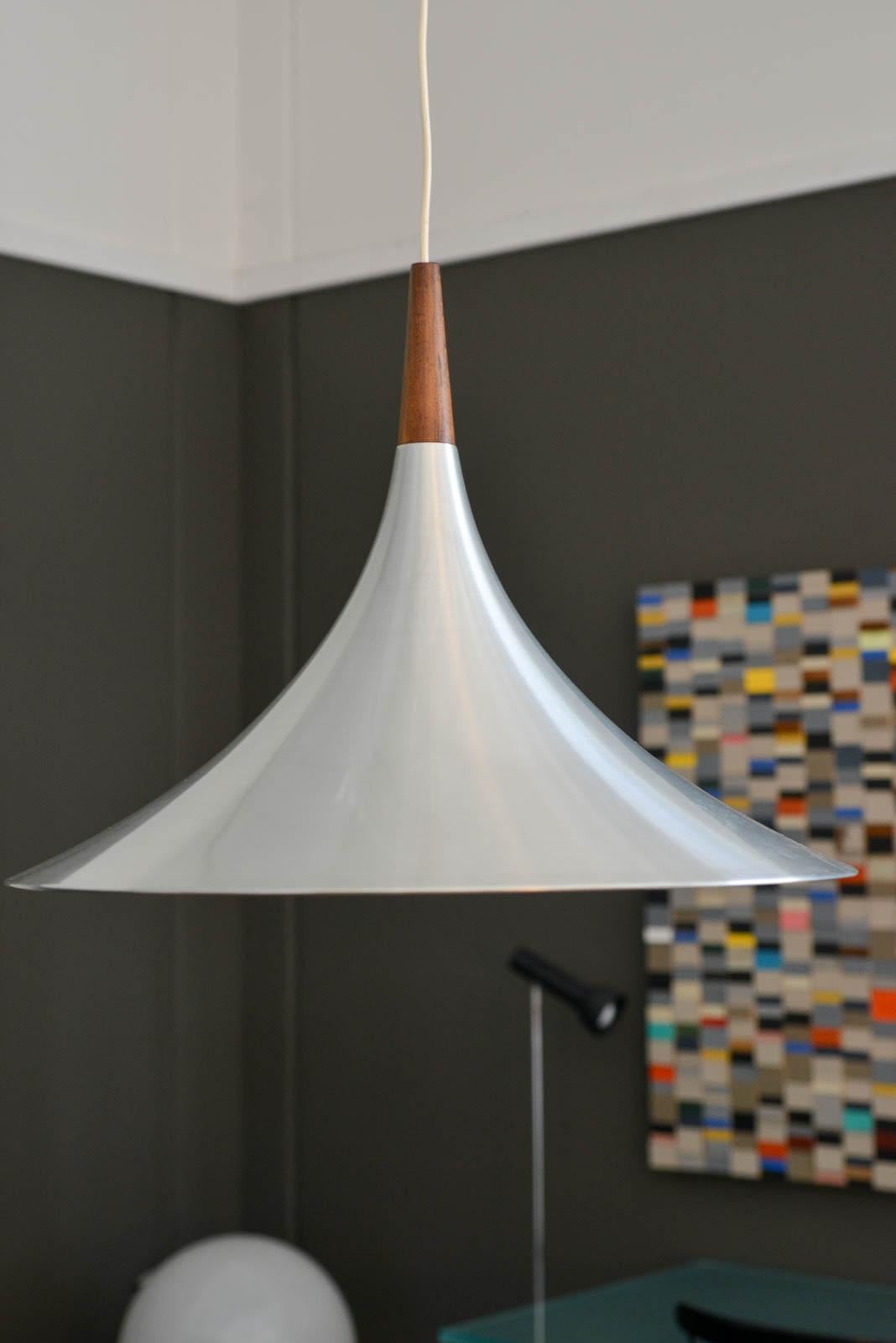 American Brushed Aluminum and Rosewood Fluted Pendant Light, ca. 1970 For Sale