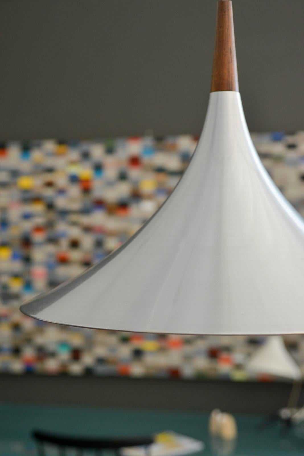 Brushed Aluminum and Rosewood Fluted Pendant Light, ca. 1970 In Good Condition For Sale In Costa Mesa, CA