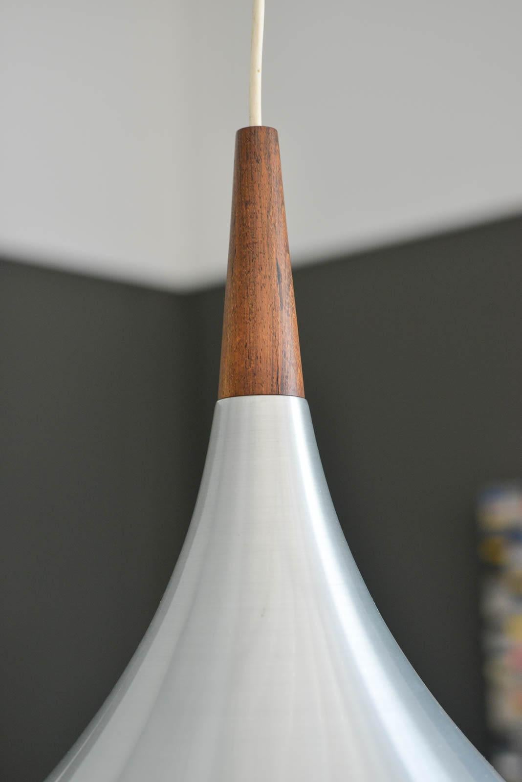 Late 20th Century Brushed Aluminum and Rosewood Fluted Pendant Light, ca. 1970 For Sale