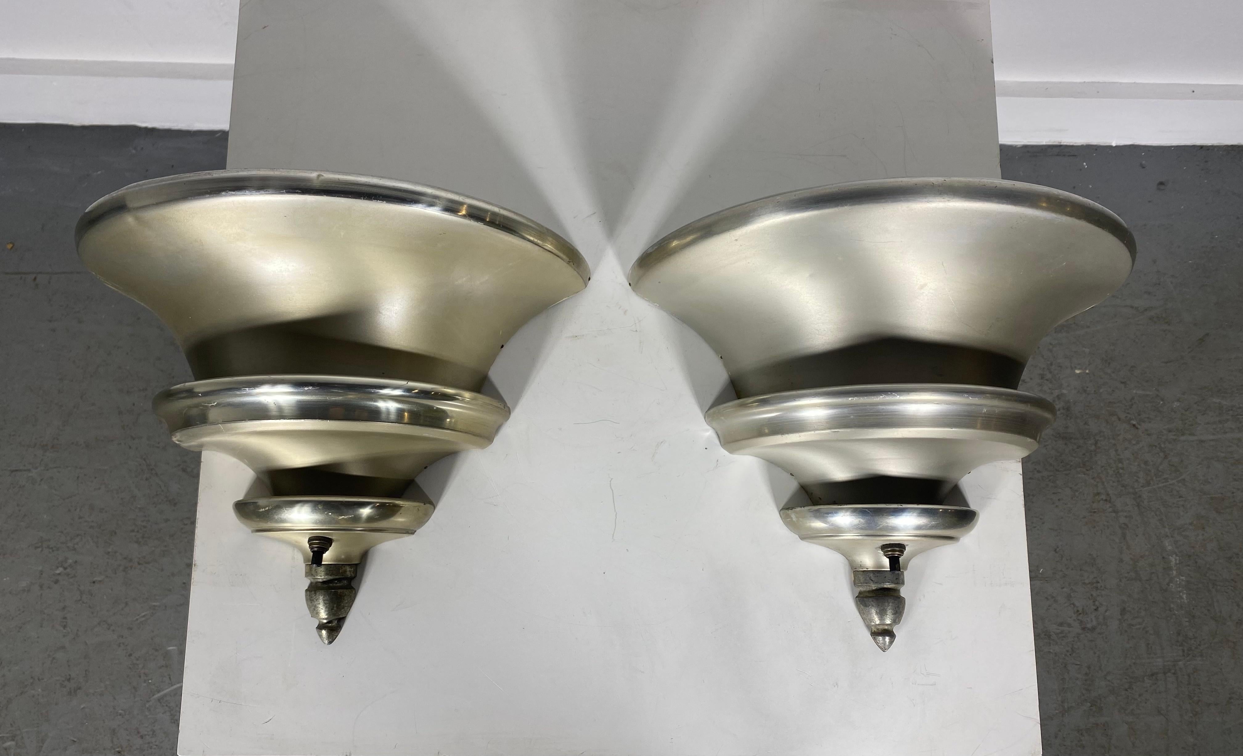 Mid-20th Century Brushed Aluminum Art Deco Demilune Wall Sconces by Walter Von Nessen, Pair For Sale