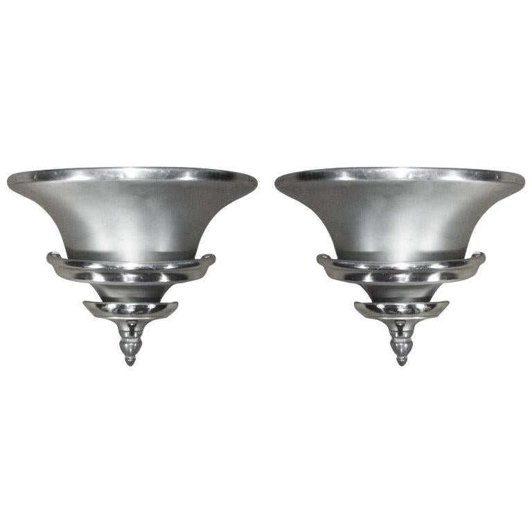 Brushed Aluminum Art Deco Demilune Wall Sconces by Walter Von Nessen, Pair For Sale