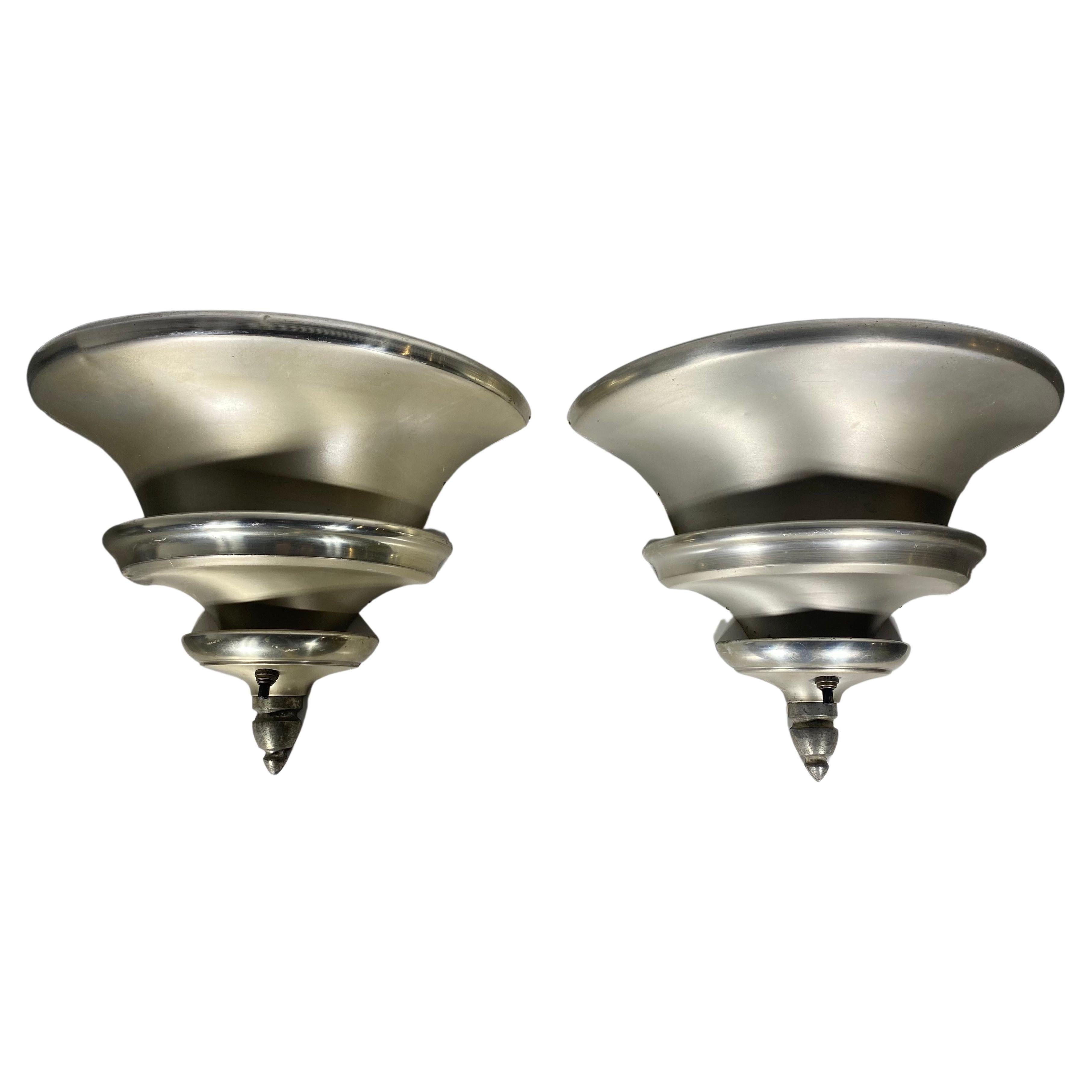 Brushed Aluminum Art Deco Demilune Wall Sconces by Walter Von Nessen, Pair For Sale