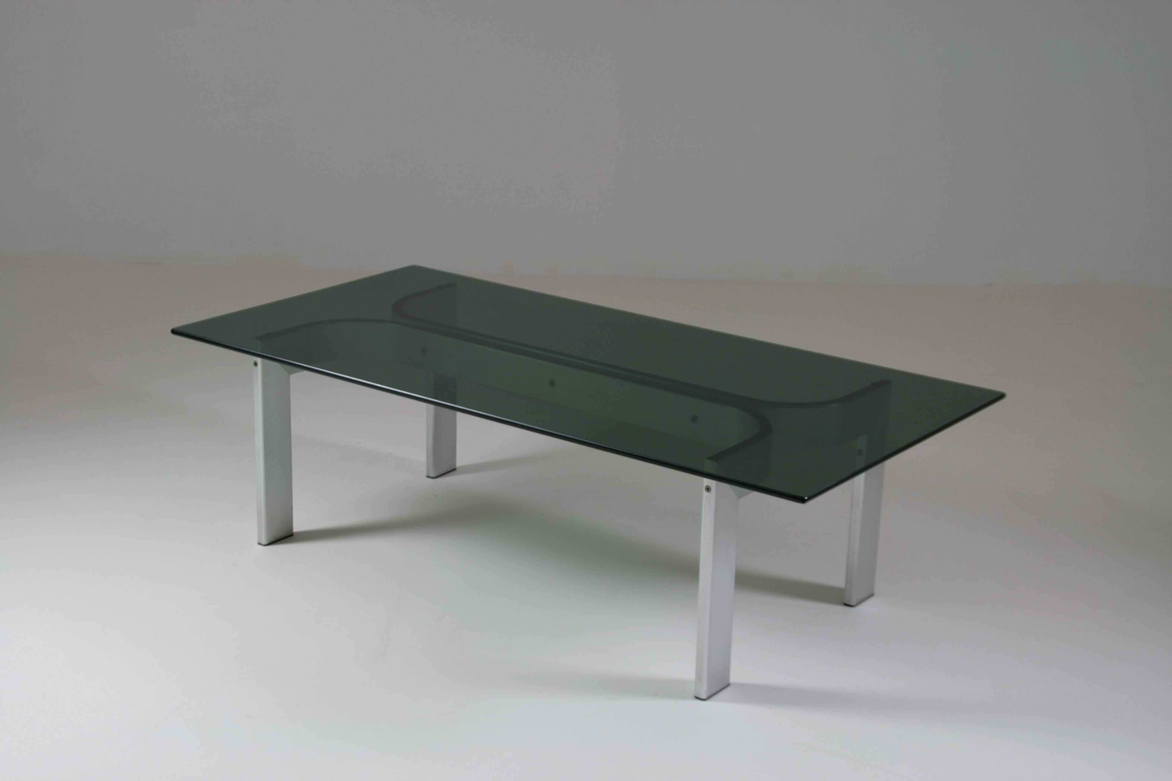 Brushed Aluminum Coffee Table and Glass Top, France, 1970s For Sale 5