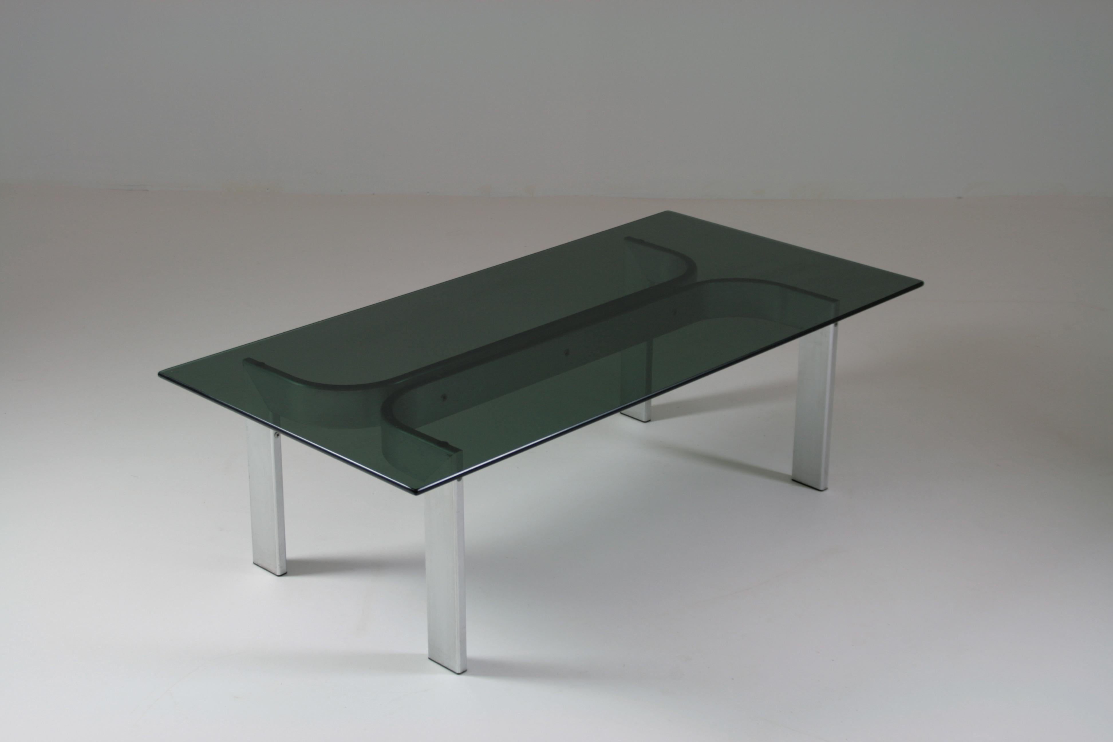 Brushed Aluminum Coffee Table and Glass Top, France, 1970s For Sale 9