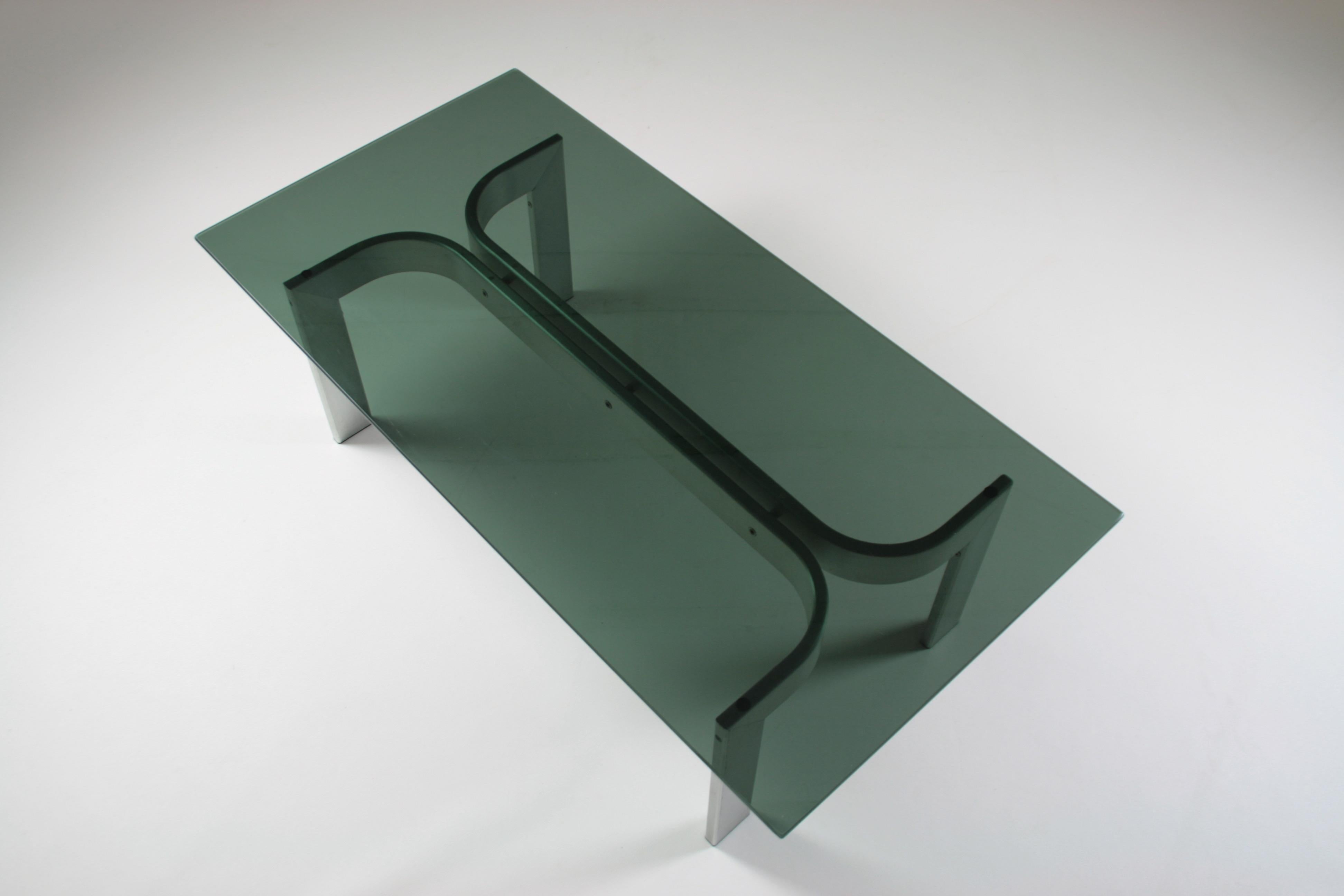 Mid-Century Modern Brushed Aluminum Coffee Table and Glass Top, France, 1970s For Sale