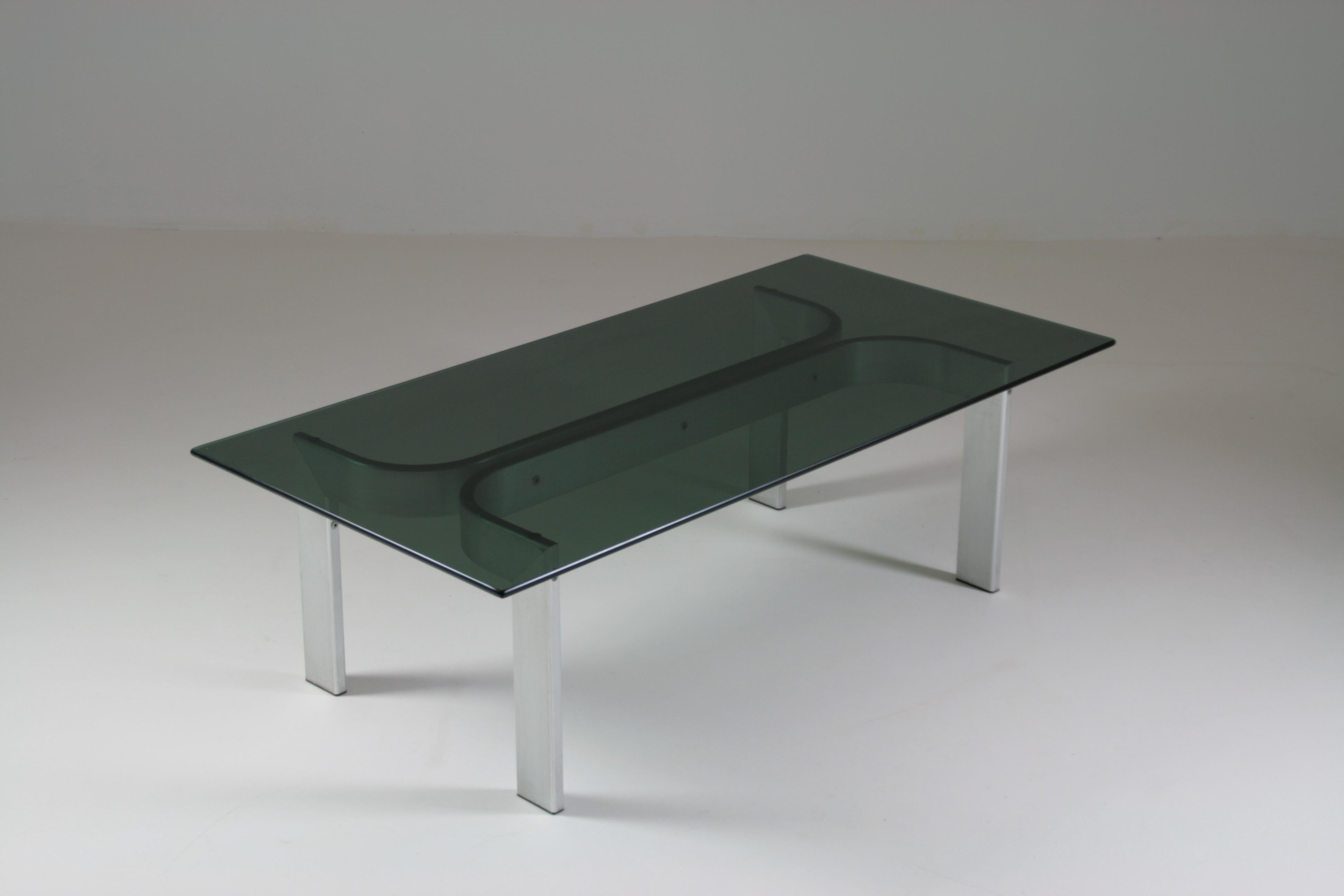 Brushed Aluminum Coffee Table and Glass Top, France, 1970s In Good Condition For Sale In GRENOBLE, FR