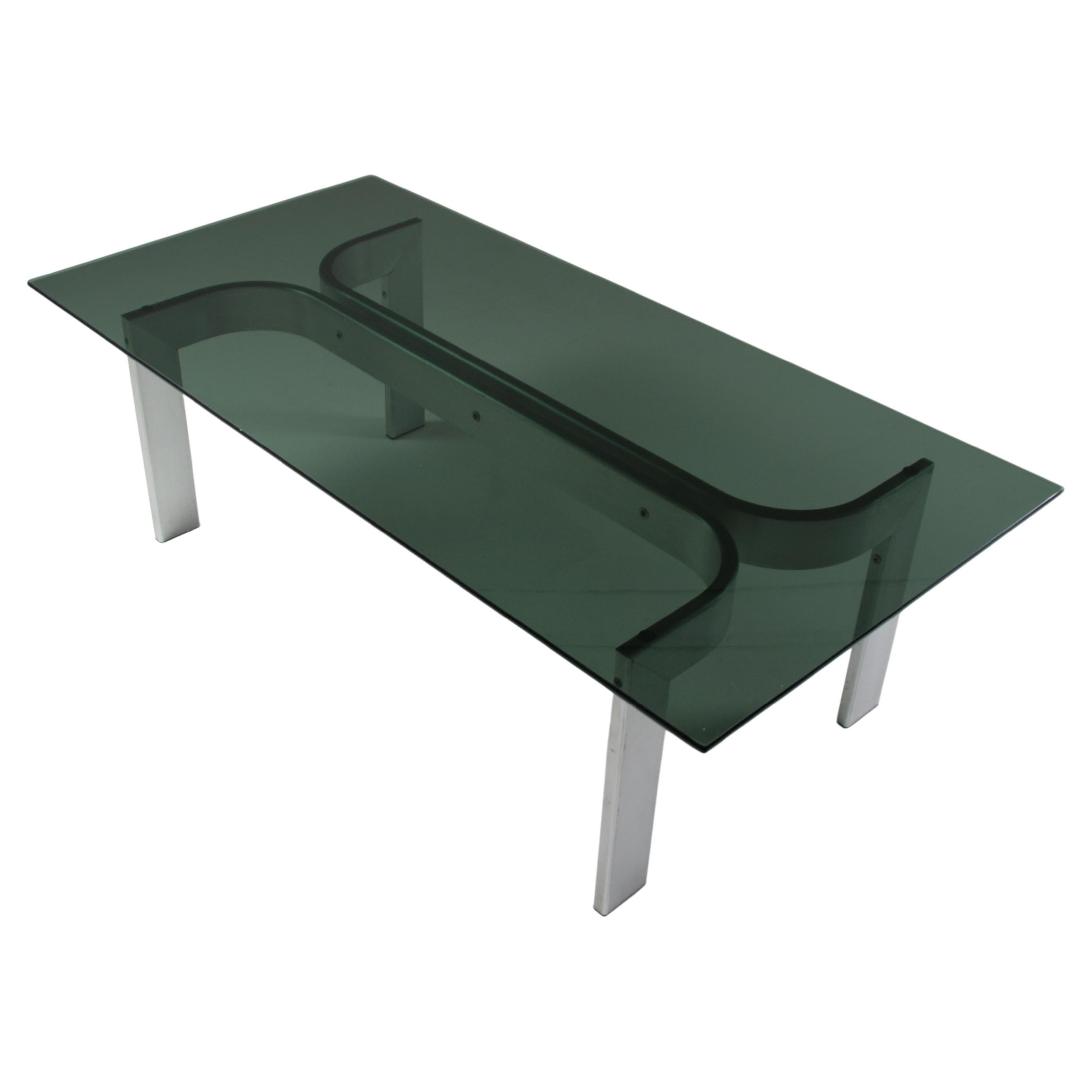 Brushed Aluminum Coffee Table and Glass Top, France, 1970s For Sale