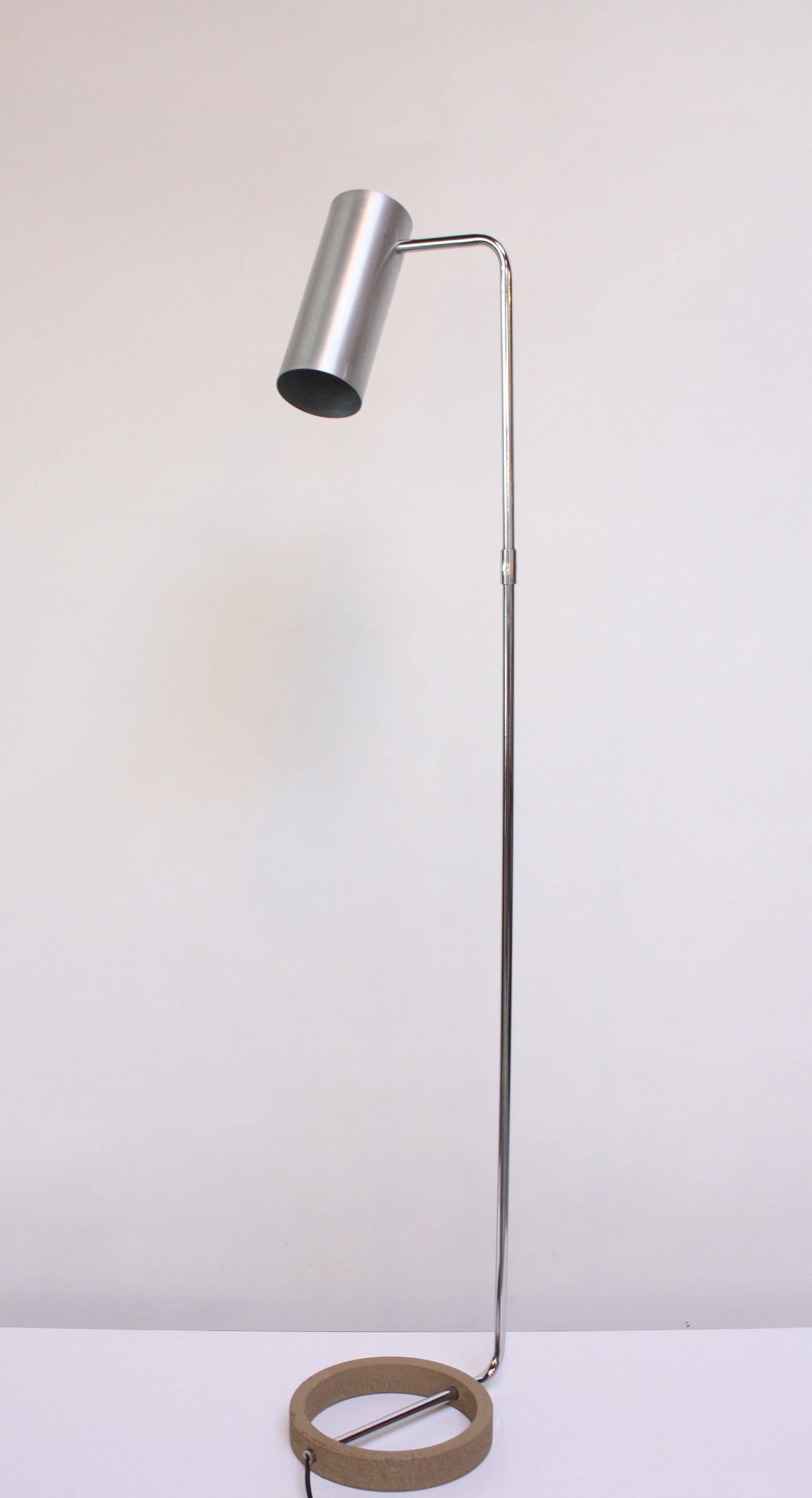 Vintage Paul Mayen for Habitat reading/floor lamp composed of a cylindrical brushed-aluminum shade mounted to a chrome shaft on a round painted steel base. Fixture features three options for adjustment including the fixture itself from left to right