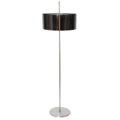 Brushed Aluminum Floor Lamp with Two Smoked Lucite Shades & Wood Clasps, 1960s  