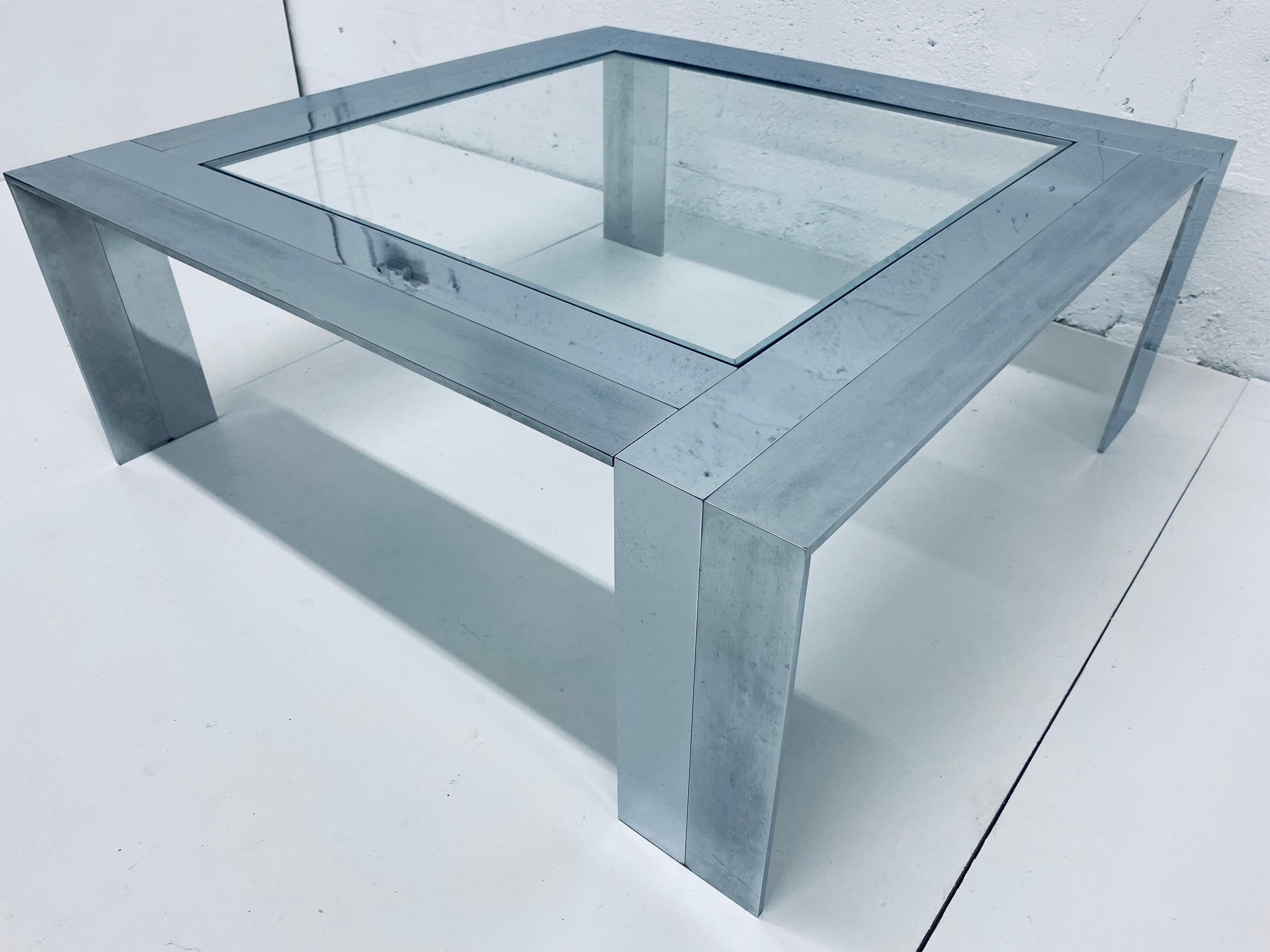 Mid-Century Modern Brushed and Polished Stainless Steel with Inset Glass Coffee Table, 1970s