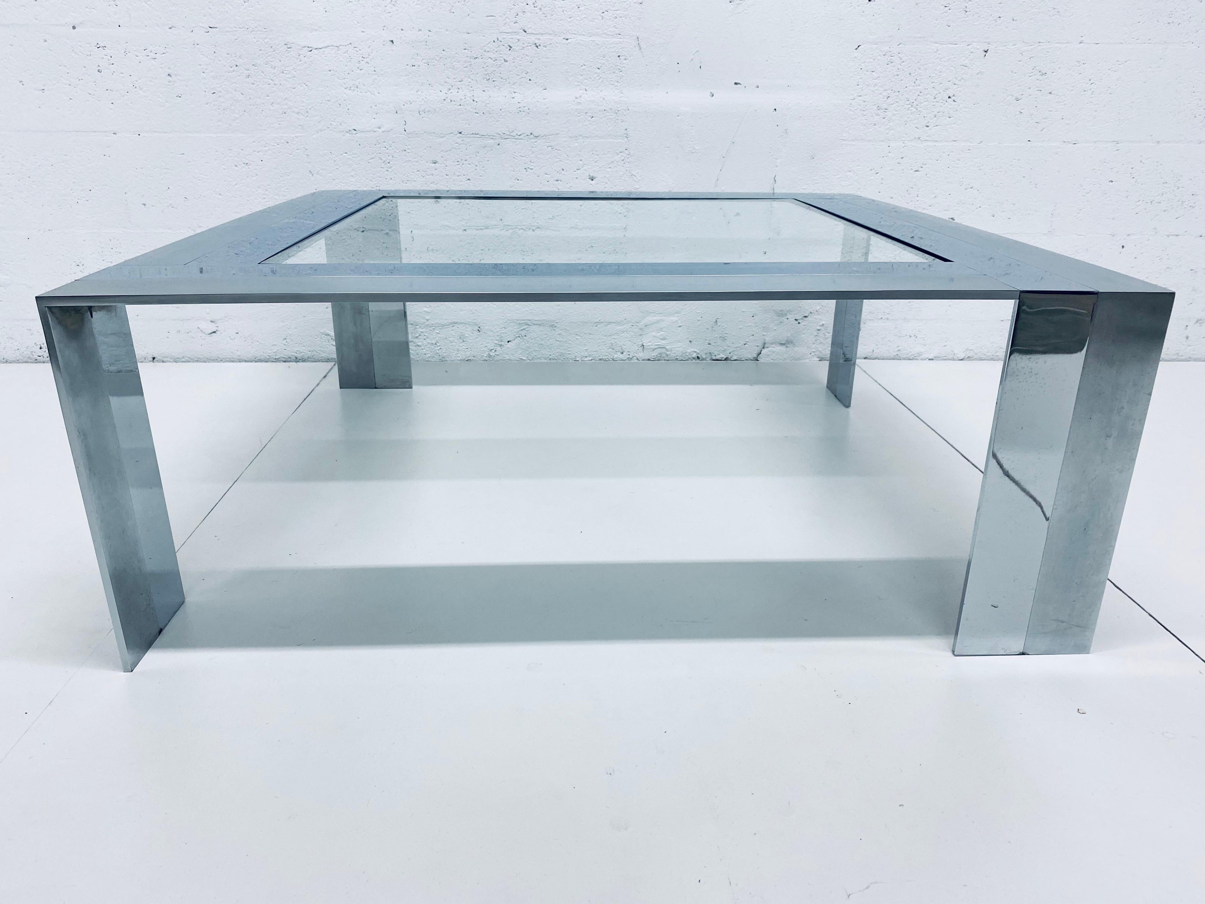 Brushed and Polished Stainless Steel with Inset Glass Coffee Table, 1970s In Good Condition In Miami, FL