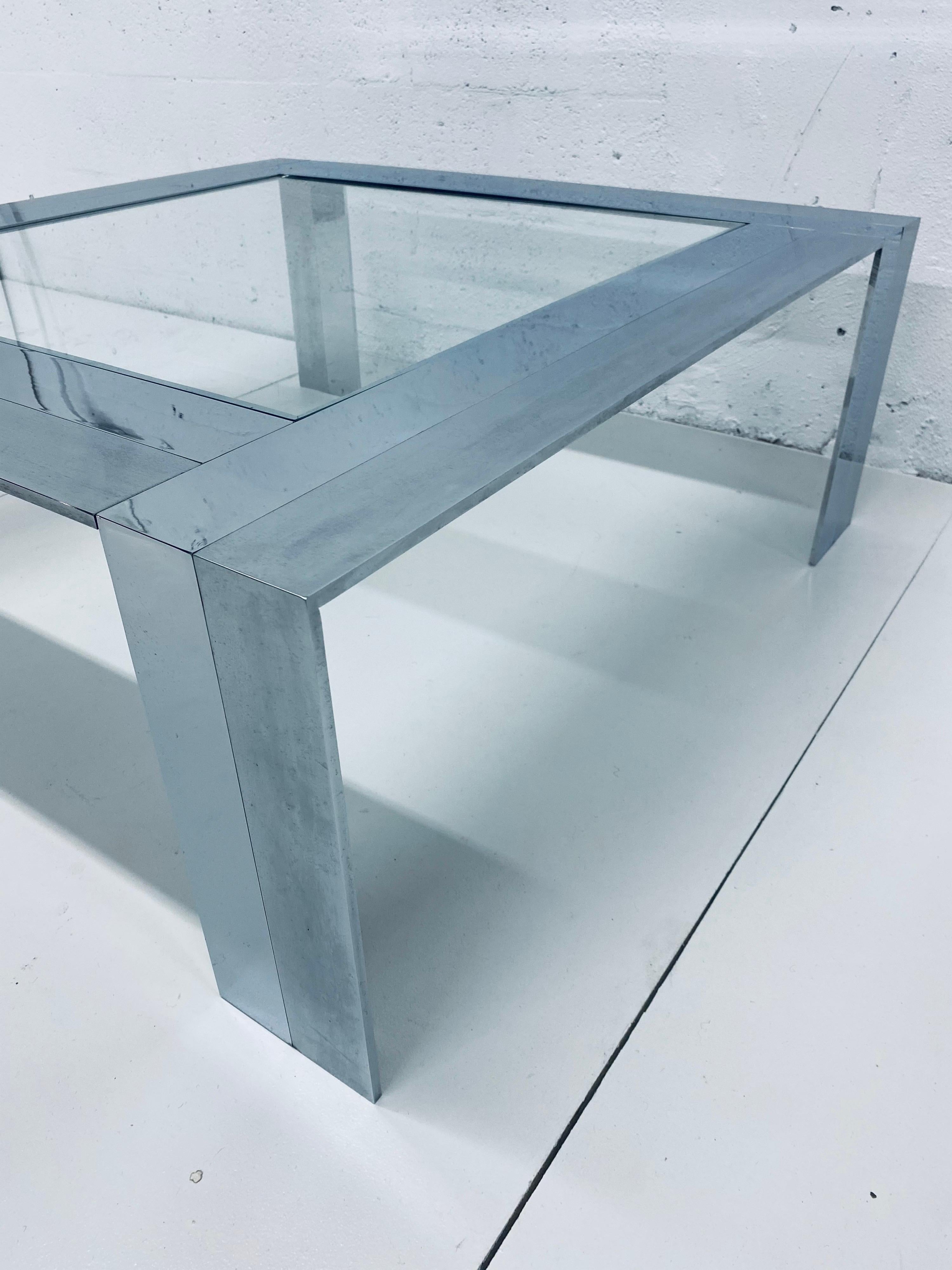 Brushed and Polished Stainless Steel with Inset Glass Coffee Table, 1970s 1