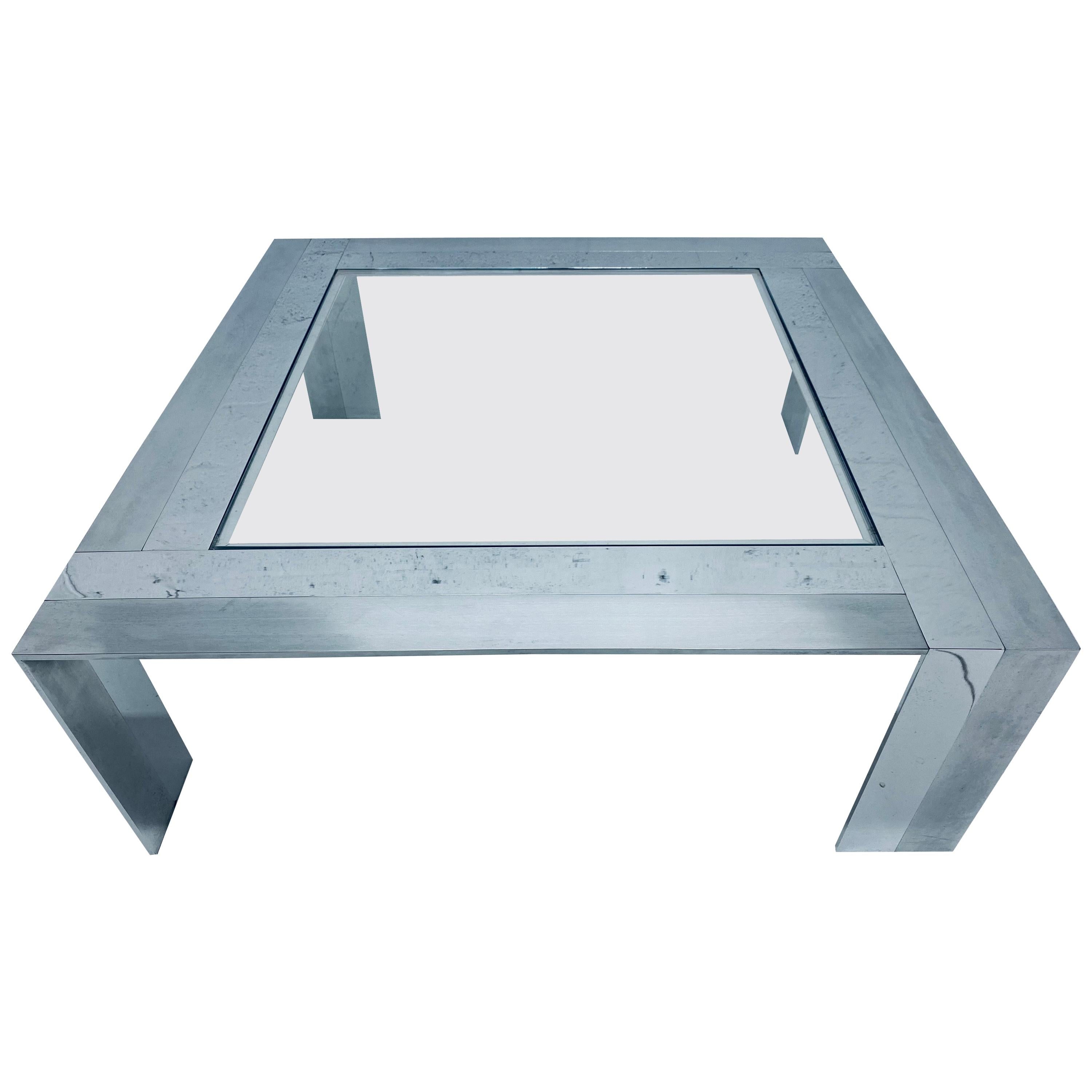 Brushed and Polished Stainless Steel with Inset Glass Coffee Table, 1970s