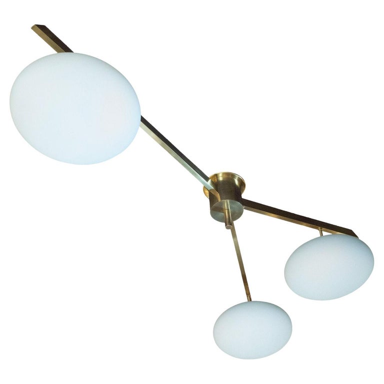 Brushed Brass and Frosted Glass Three-Arm Globe Chandelier, Manner of Arredoluce For Sale
