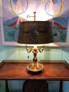 Brushed Brass Bouillotte Lamp with Paint Decorated Metal Shade