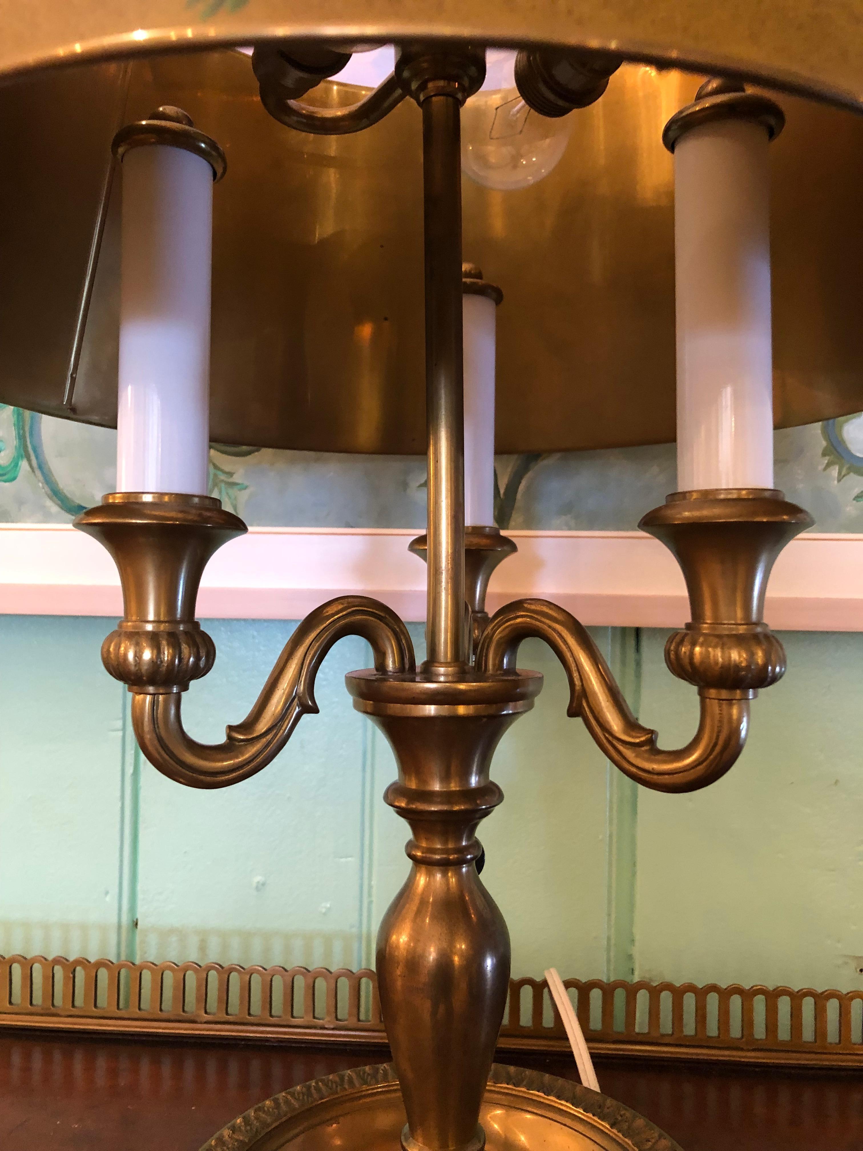 Italian Brushed Brass Bouillotte Lamp with Paint Decorated Metal Shade For Sale