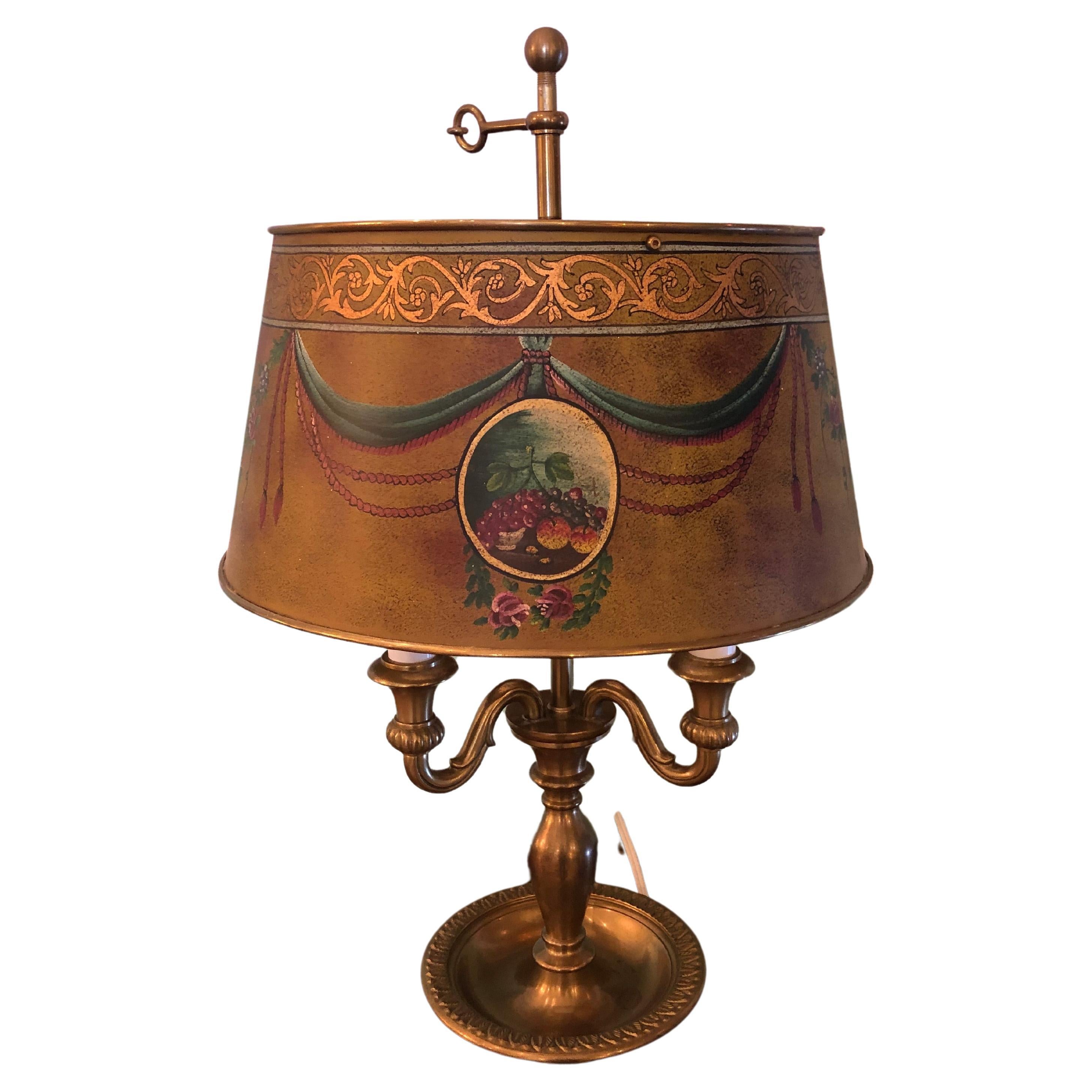 Brushed Brass Bouillotte Lamp with Paint Decorated Metal Shade