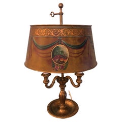 Brushed Brass Bouillotte Lamp with Paint Decorated Metal Shade