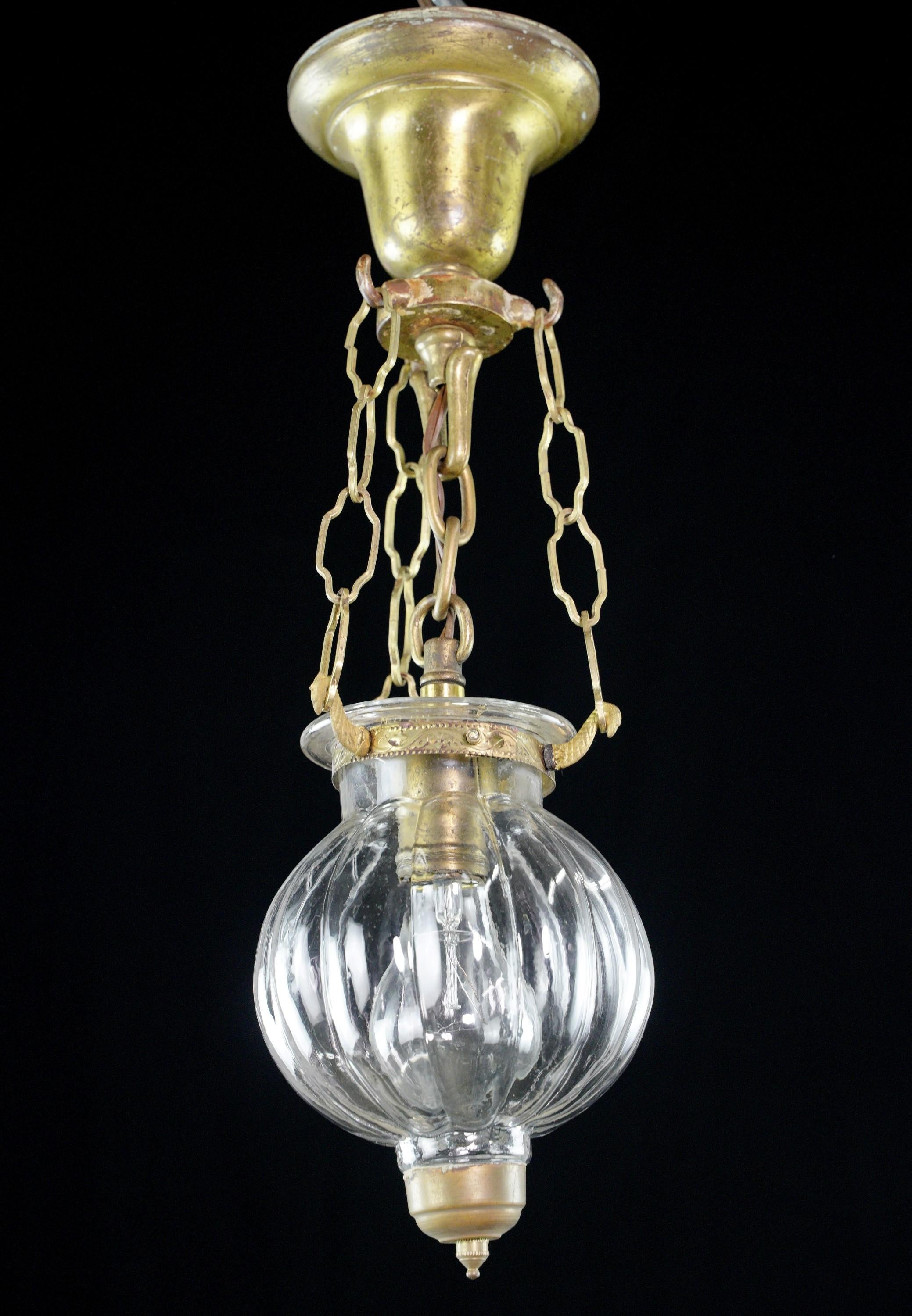 Brushed Brass Clear Glass Onion Bell Jar Pendant Light In Good Condition For Sale In New York, NY