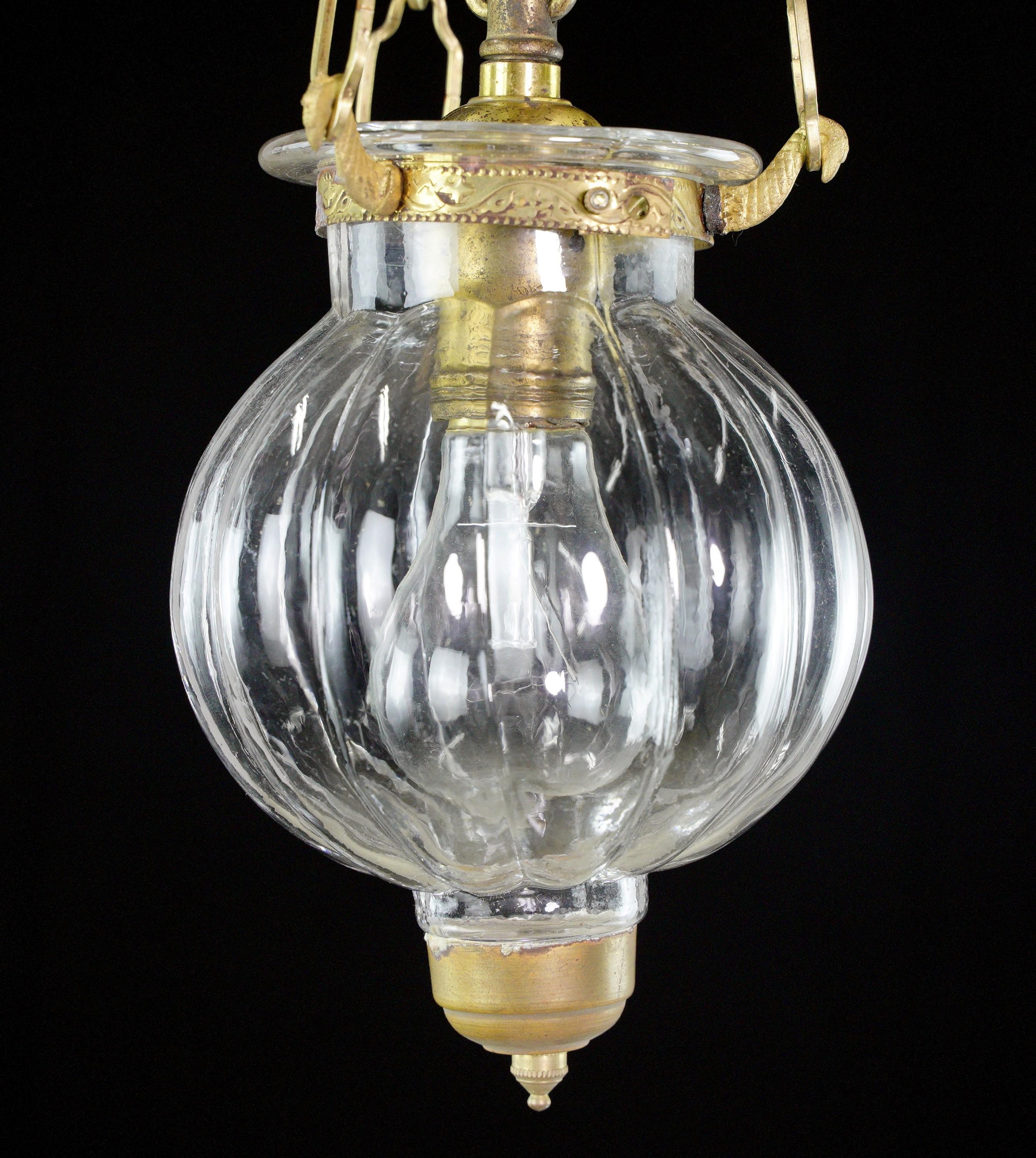 20th Century Brushed Brass Clear Glass Onion Bell Jar Pendant Light For Sale