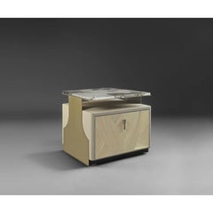 Brushed Brass, Leather, and Artisanal Straw Marquetry Henri Bedside by Madheke