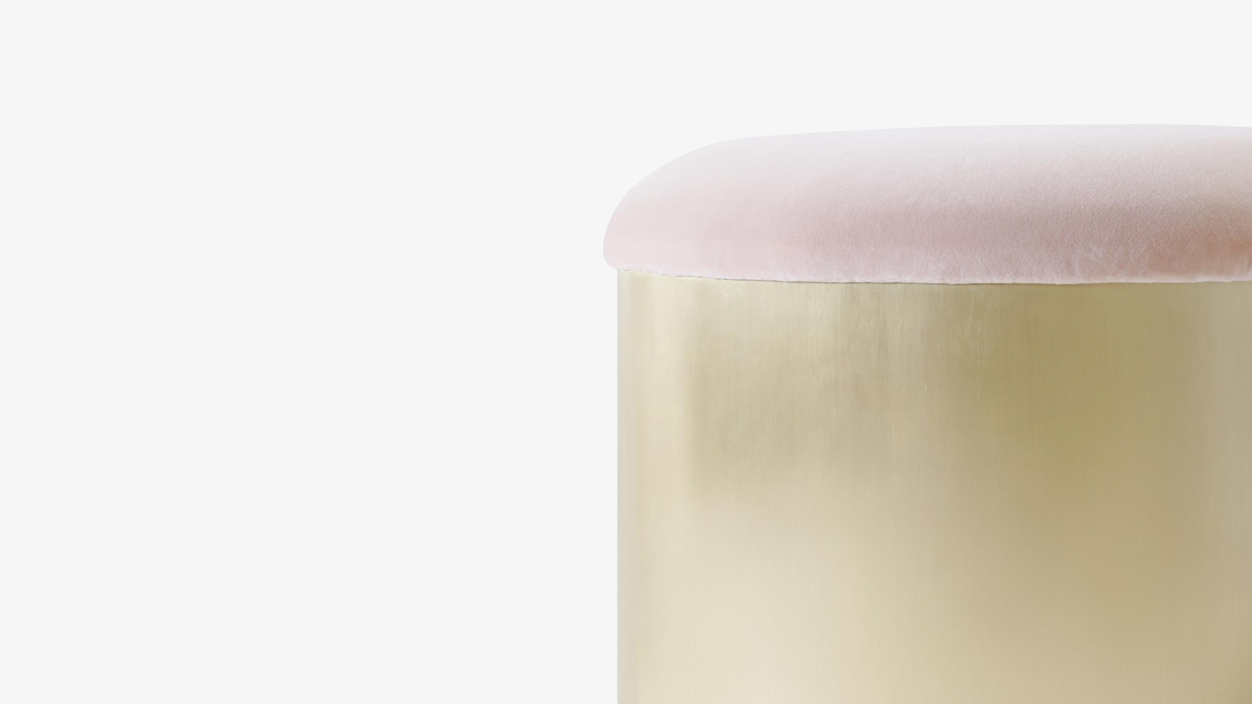 Mid-Century Modern Brushed Brass “Mushroom” Pouf in Blush Velvet by Montage, Pair