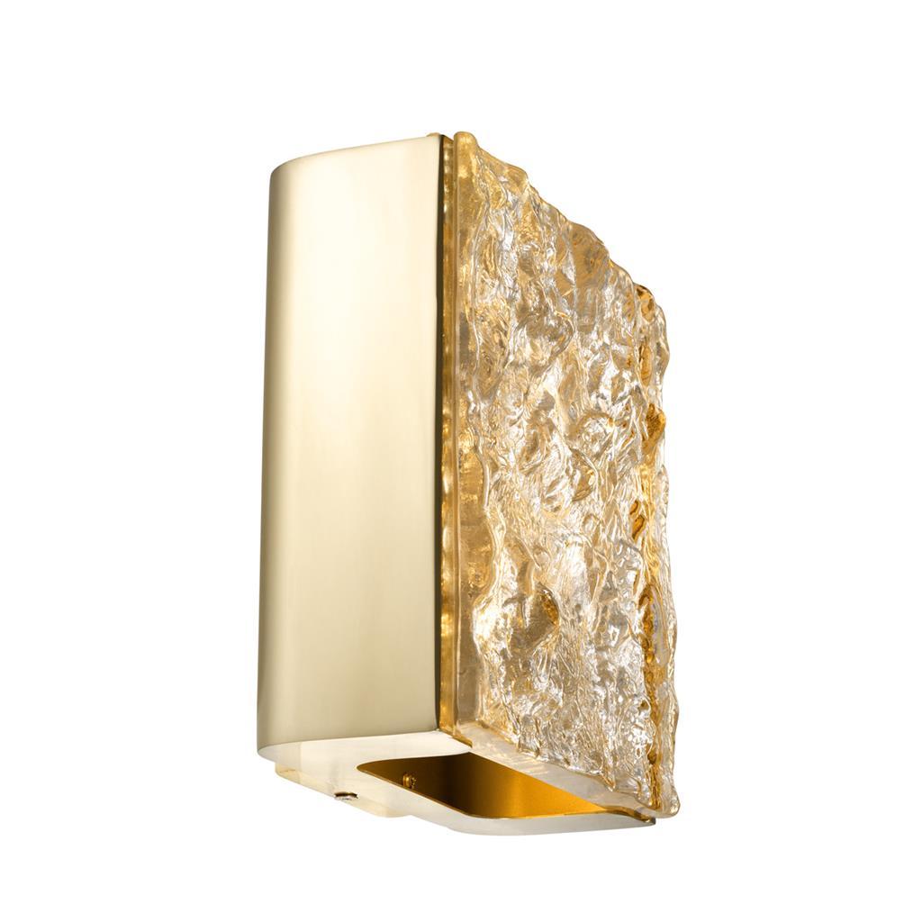 European Brushed Brass-Plated Steel and Hand Sculpted Glass Wall Lamp
