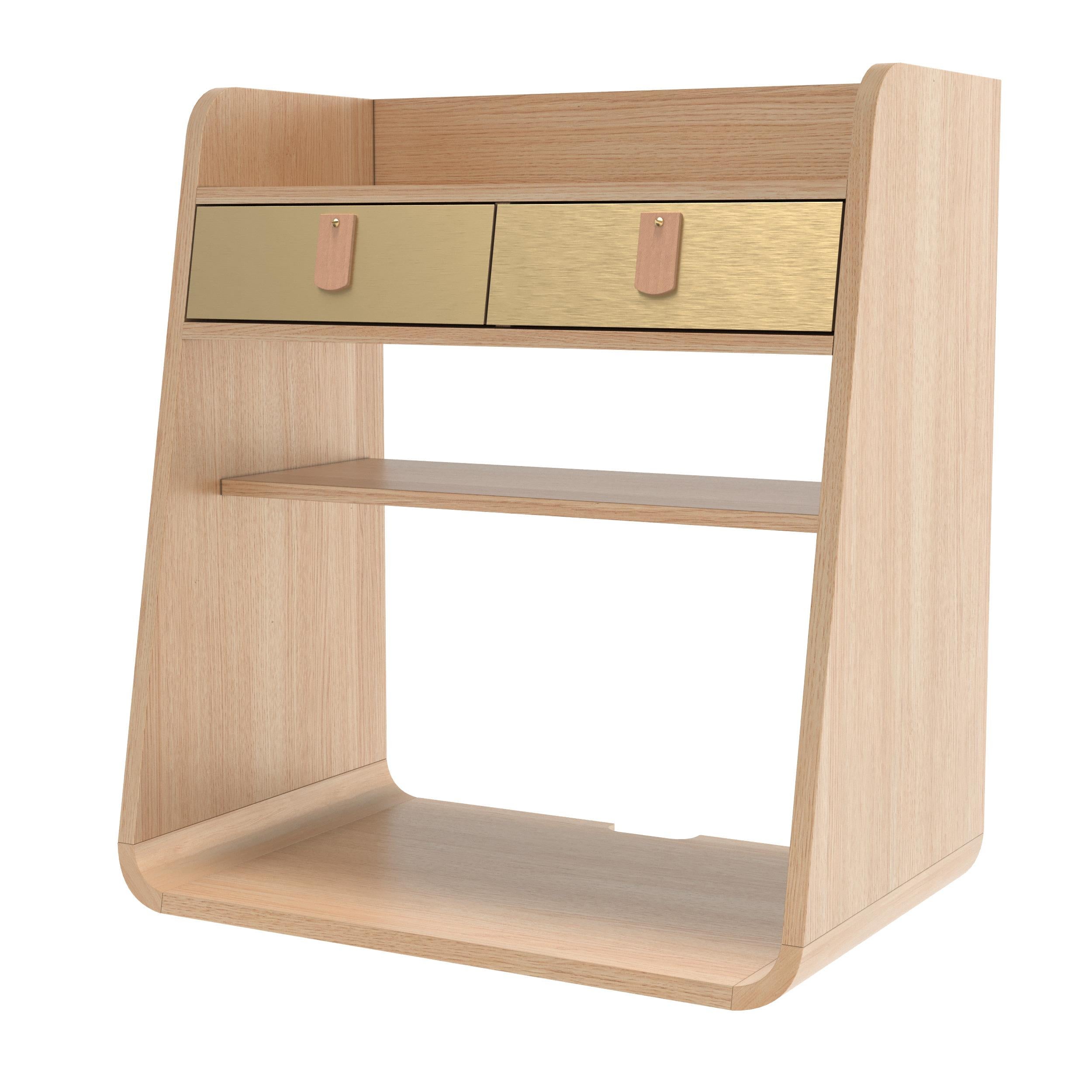 Post-Modern Brushed Brass Suzon Floating Nightstand Natural Oak by HARTO For Sale