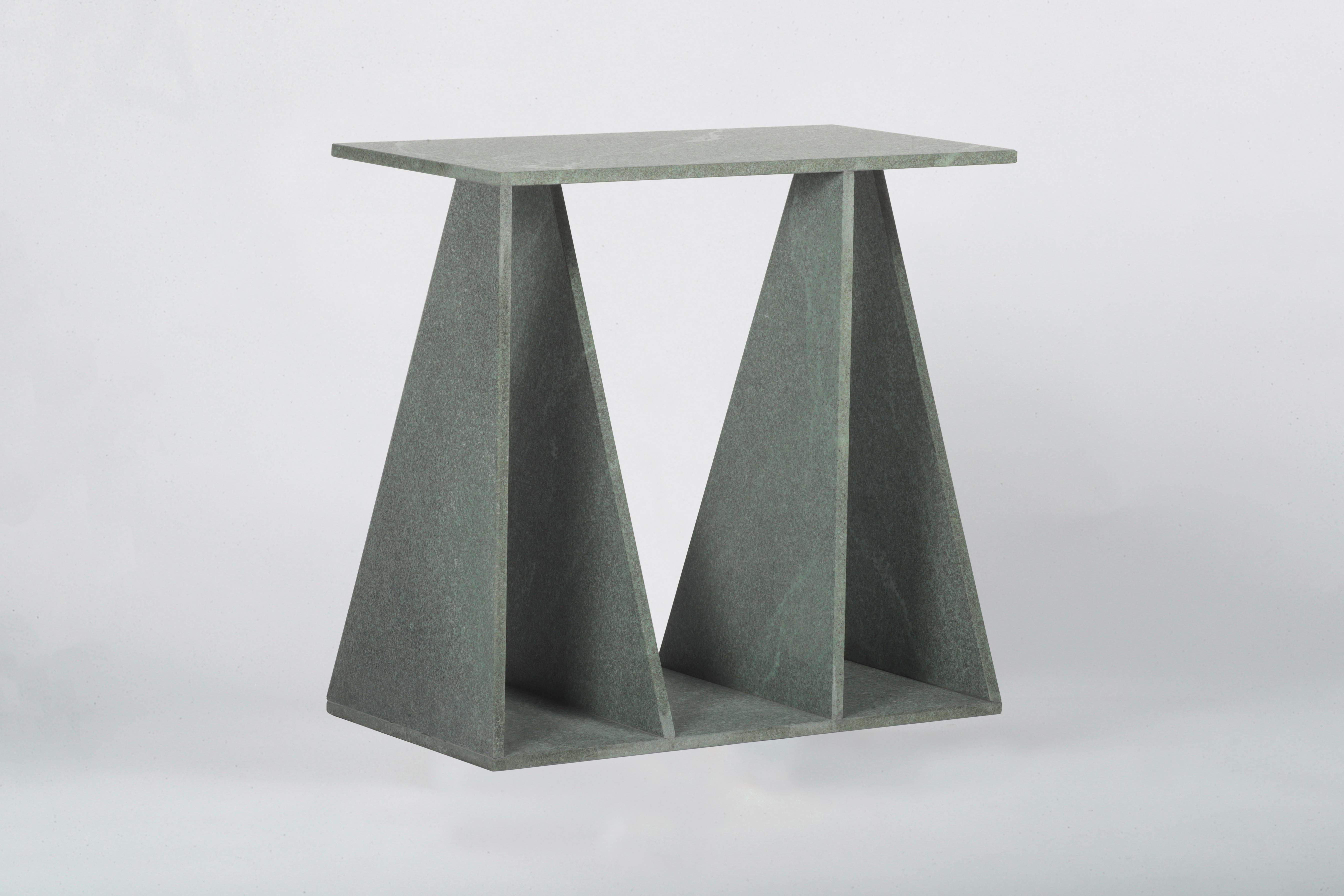 Brushed Diabase Envo Side Table by Studio Mohs
Dimensions: W 55 x D 30 x H 52 cm
Materials: Marble.

Diabase, also known as dolerite and microgarbo in the literature, extracted from the Alanya-Demirtaş quarry. It is a volcanic stone with high