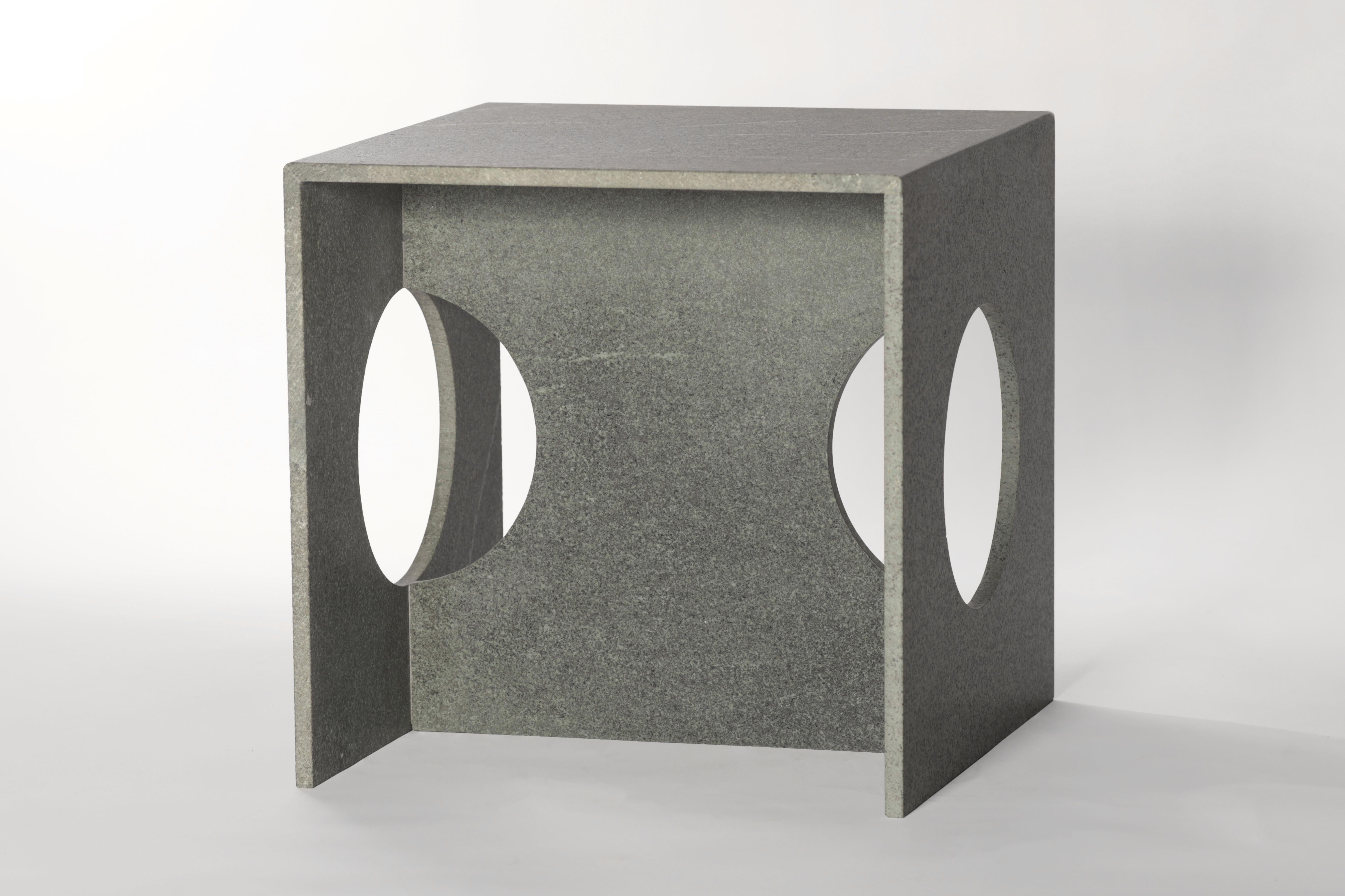 Brushed Diabase Hera Side Table by Studio Mohs
Dimensions: W 40 x D 40 x H 40 cm
Materials: Marble.

Diabase, also known as dolerite and microgarbo in the literature, extracted from the Alanya-Demirtaş quarry. It is a volcanic stone with high