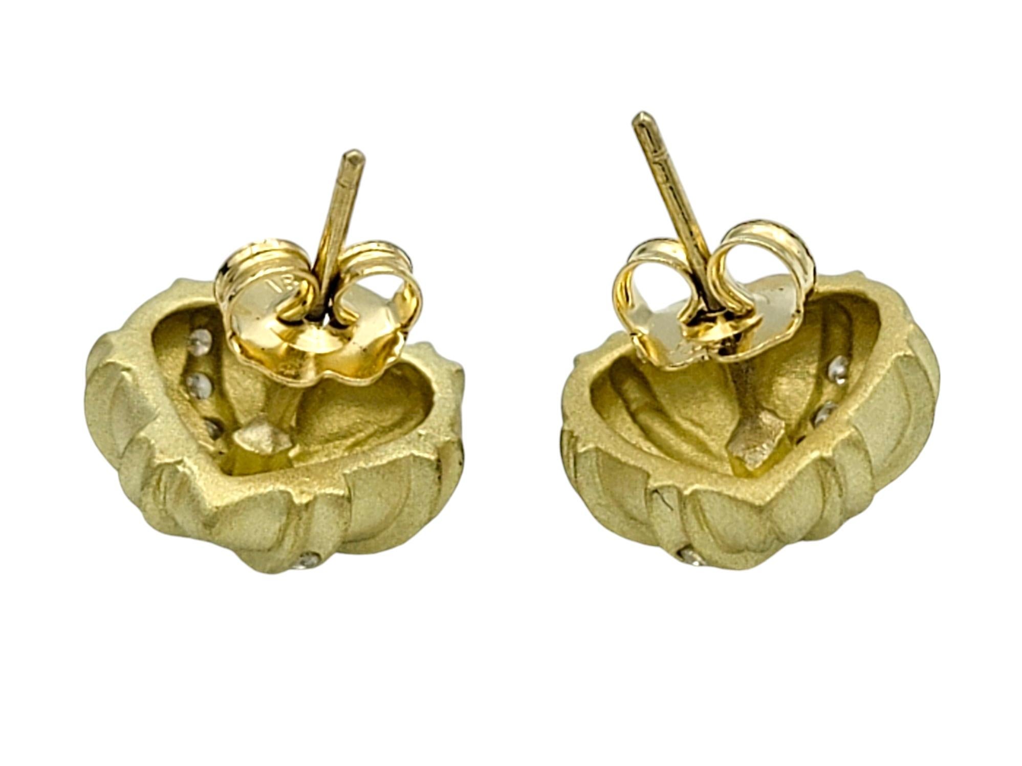 Round Cut Brushed Finish 18 Karat Yellow Gold Textured Heart Earrings with Round Diamonds For Sale