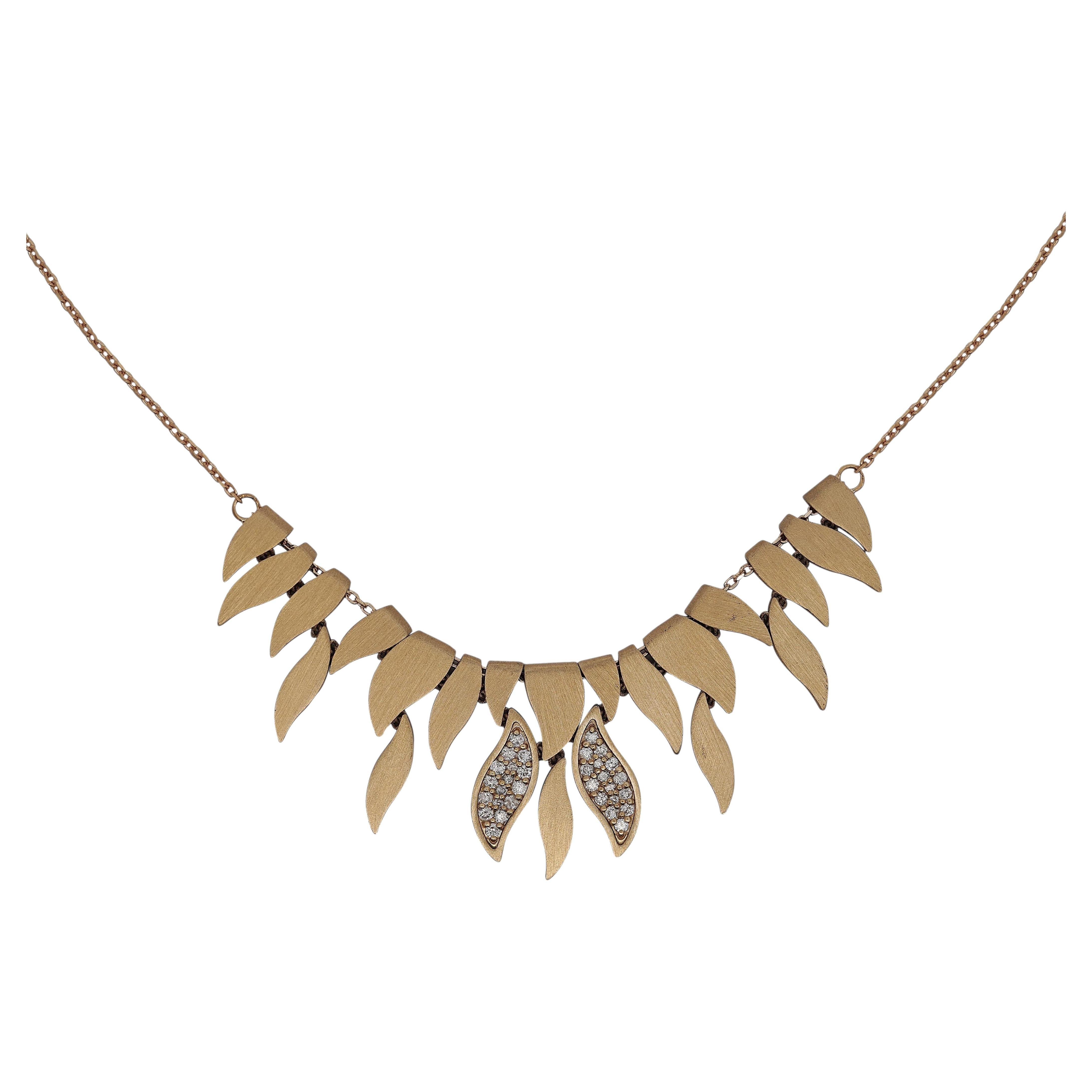 Brushed Fire Motif Graduated Leaf 14K Gold Diamond Necklace