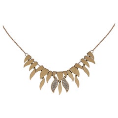 Brushed Fire Motif Graduated Leaf 14K Gold Diamond Necklace