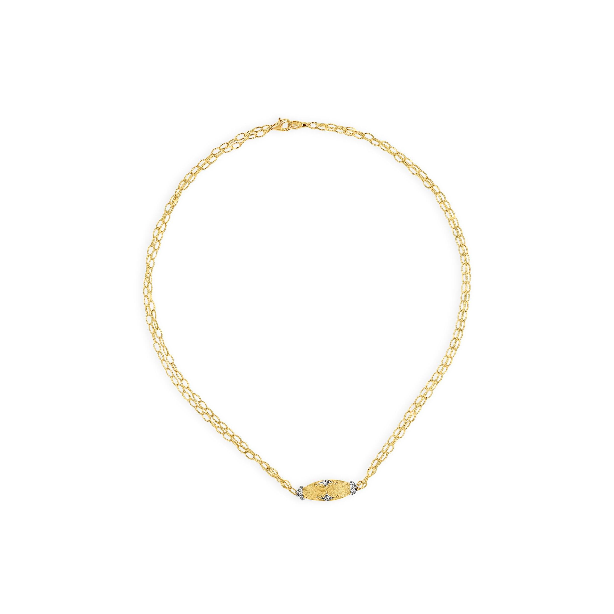 A simple and unique pendant necklace style showcasing an ovoid shaped pendant set with round brilliant diamonds. Pendant has a brushed finish and suspended on a double chain made in yellow gold.  Diamonds weigh 0.10 carats total. Finely made in 18K