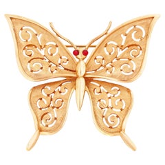 Vintage Brushed Gold Butterfly Figural Brooch With Scroll Wings By Crown Trifari, 1960s