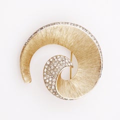Brushed Gold "Curled" Brooch With Crystal Pavé By Crown Trifari, 1960s