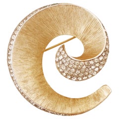 Brushed Gold "Curled" Brooch With Crystal Pavé By Crown Trifari, 1960s