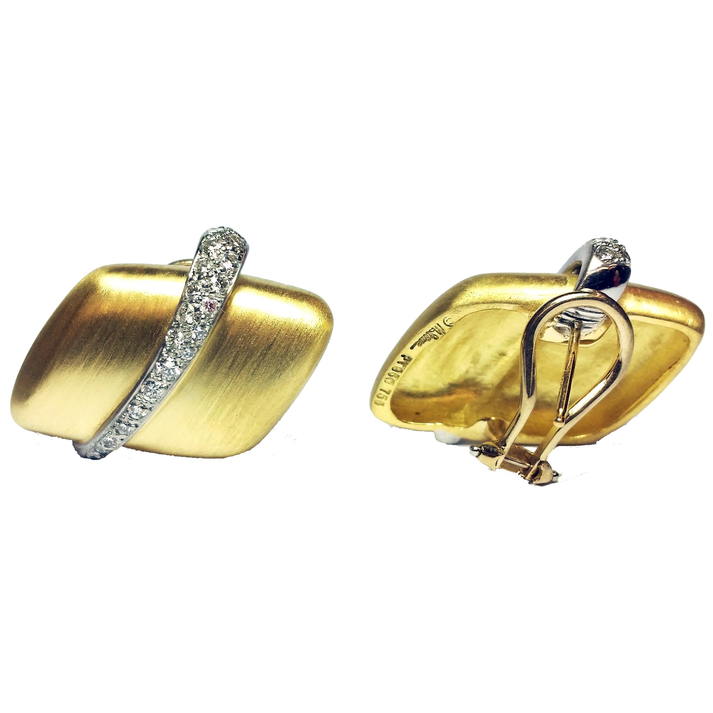 18 Karat Brushed Yellow Gold and Platinum Earrings Featuring 42 Round Diamonds Totaling Approximately 0.75 Carats of VS Clarity & G Color. Post with Omega Clip Back. (We can cut & polish off posts for non-pierced ears) Finished Weight is 21.0 Grams.