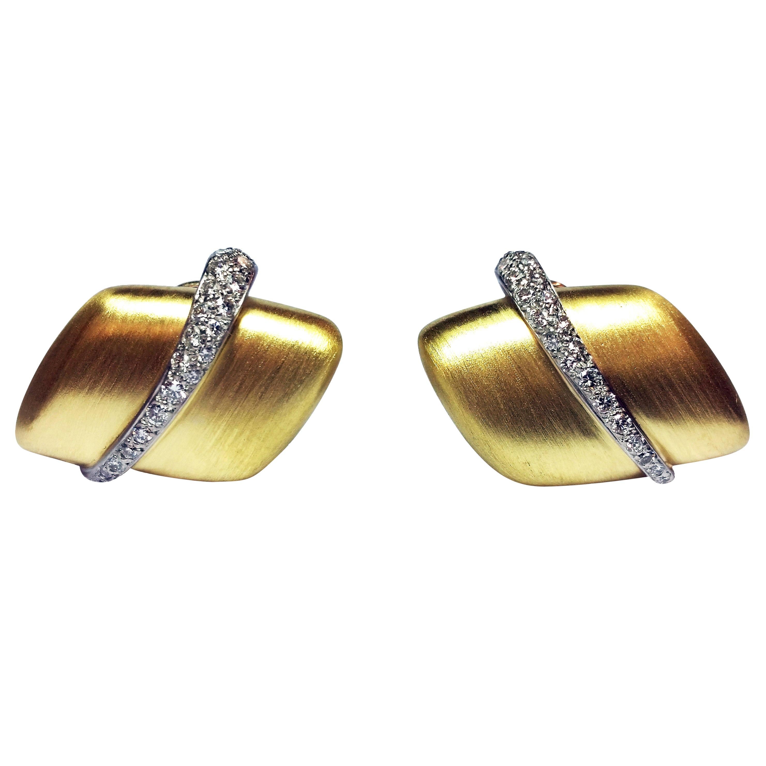 Brushed Gold and Diamond Earrings