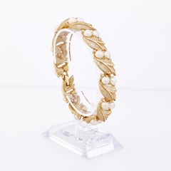 Brushed Gold Leaf and Pearl Link Bracelet By Crown Trifari, 1960s