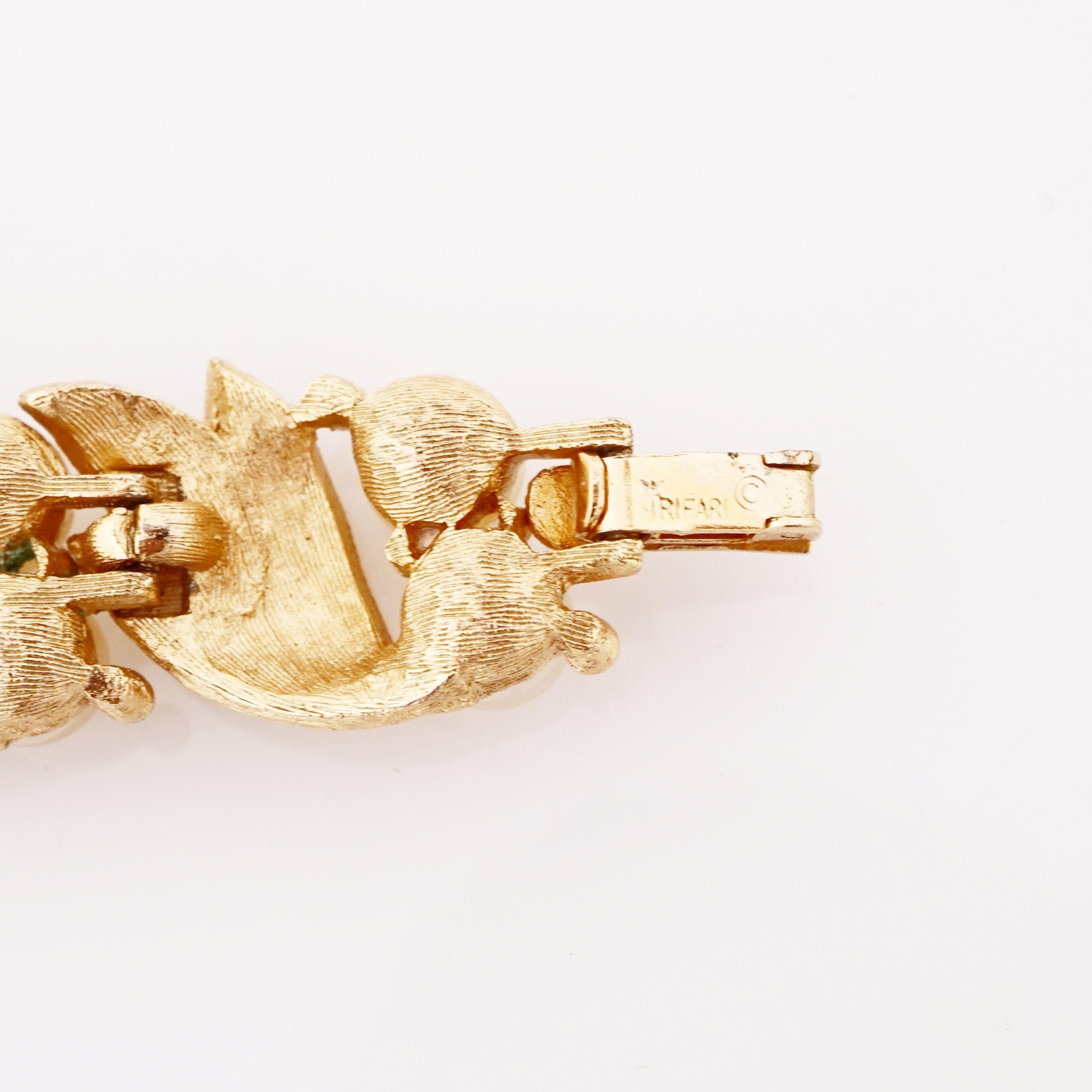 Modern Brushed Gold Leaf and Pearl Link Bracelet By Crown Trifari, 1960s