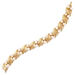 Vintage Brushed Gold Leaf and Pearl Link Bracelet By Crown Trifari, 1960s